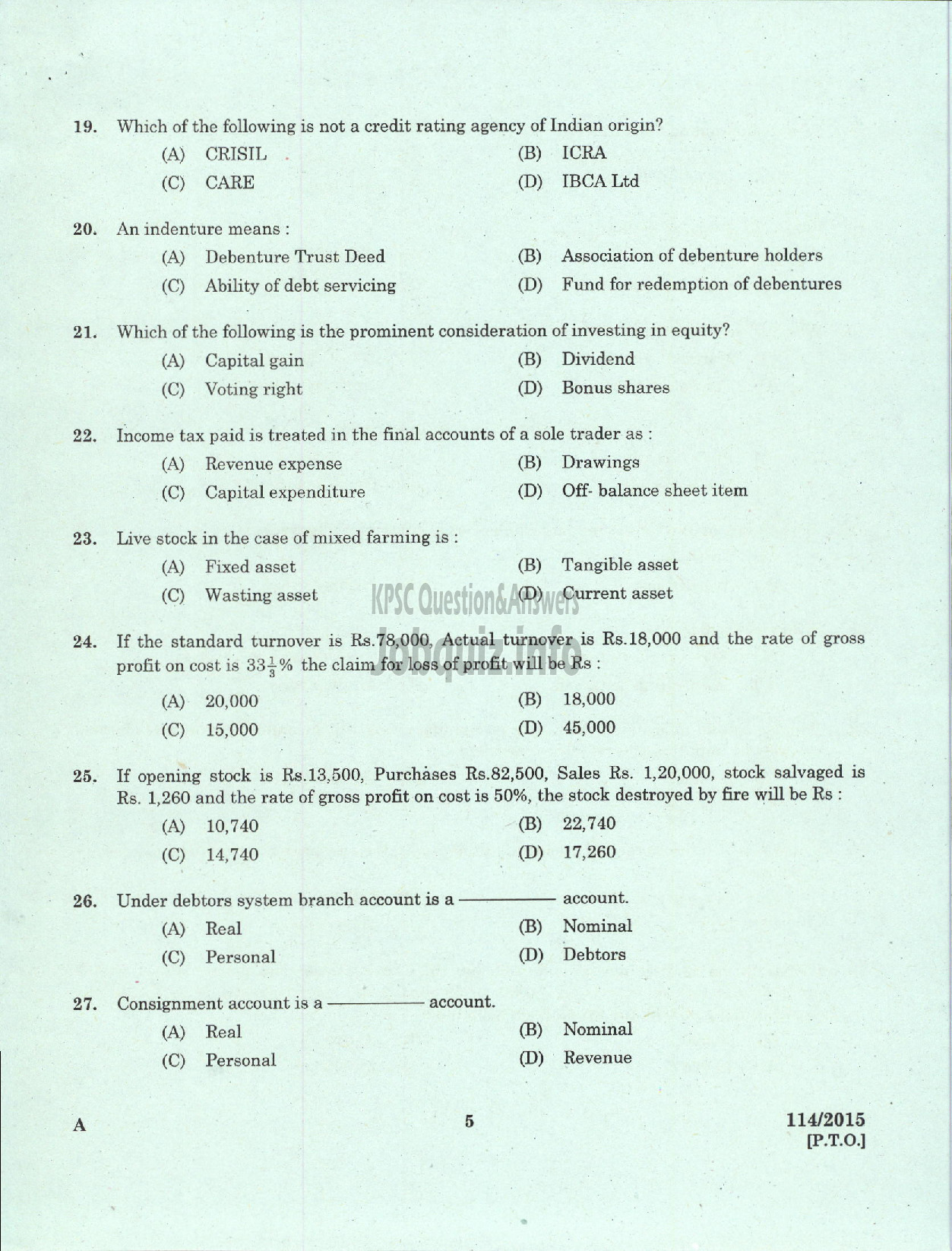 Kerala PSC Question Paper - JUNIOR COSTING ASST KM AND ML TITANIUM DIOXIDE PIGMENT UNIT-3