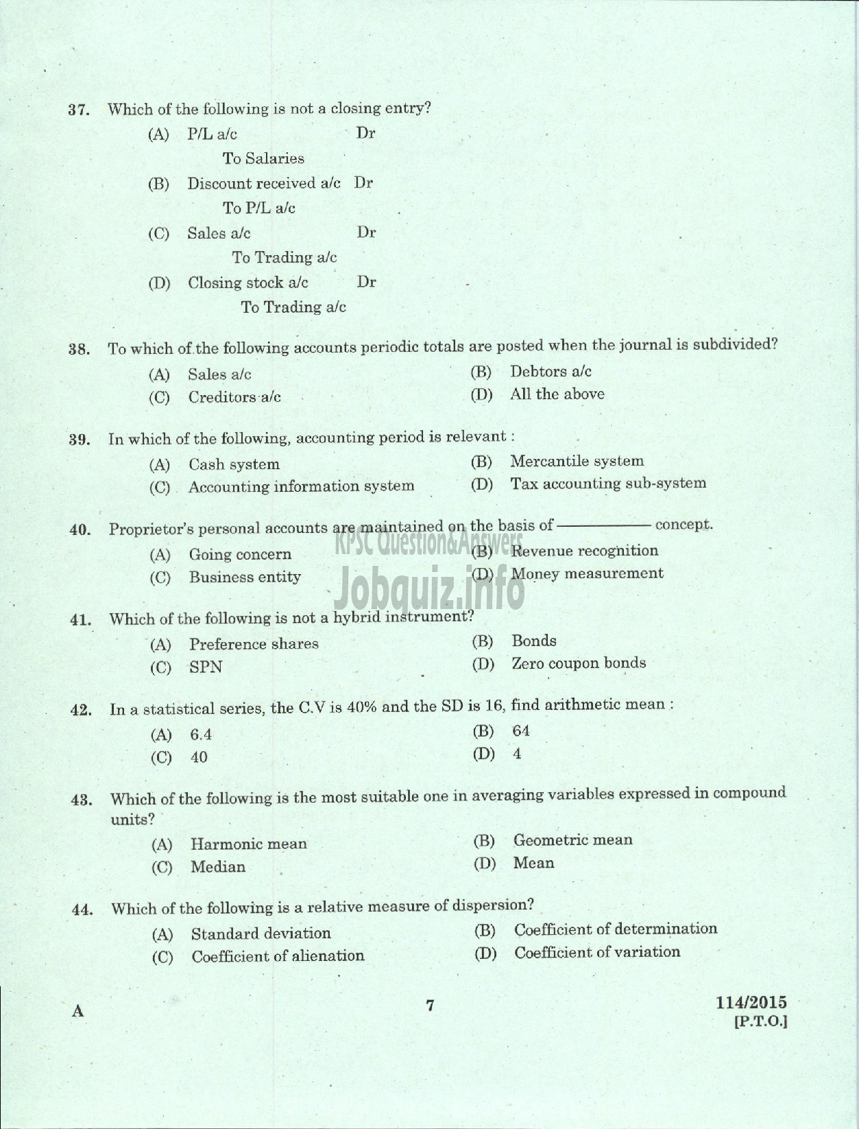 Kerala PSC Question Paper - JUNIOR COSTING ASST KM AND ML TITANIUM DIOXIDE PIGMENT UNIT-5