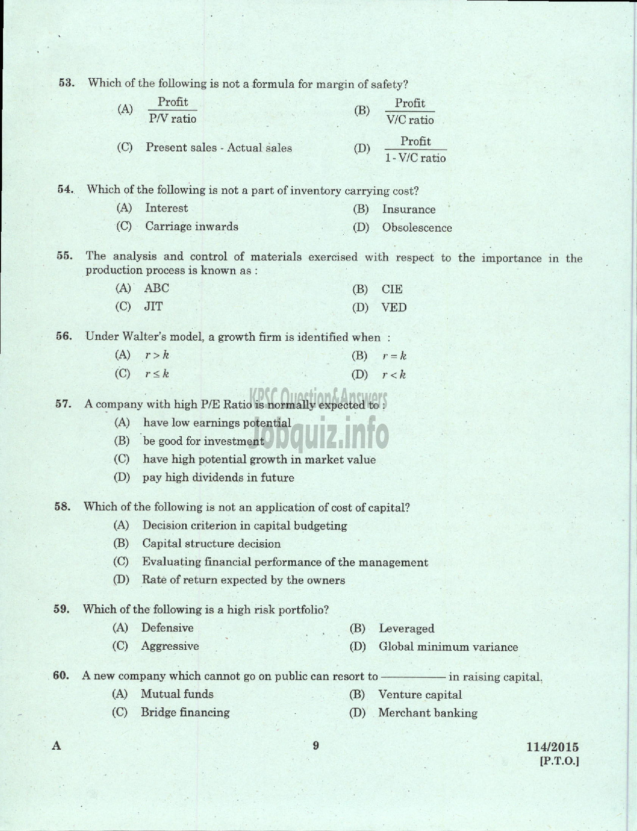 Kerala PSC Question Paper - JUNIOR COSTING ASST KM AND ML TITANIUM DIOXIDE PIGMENT UNIT-7
