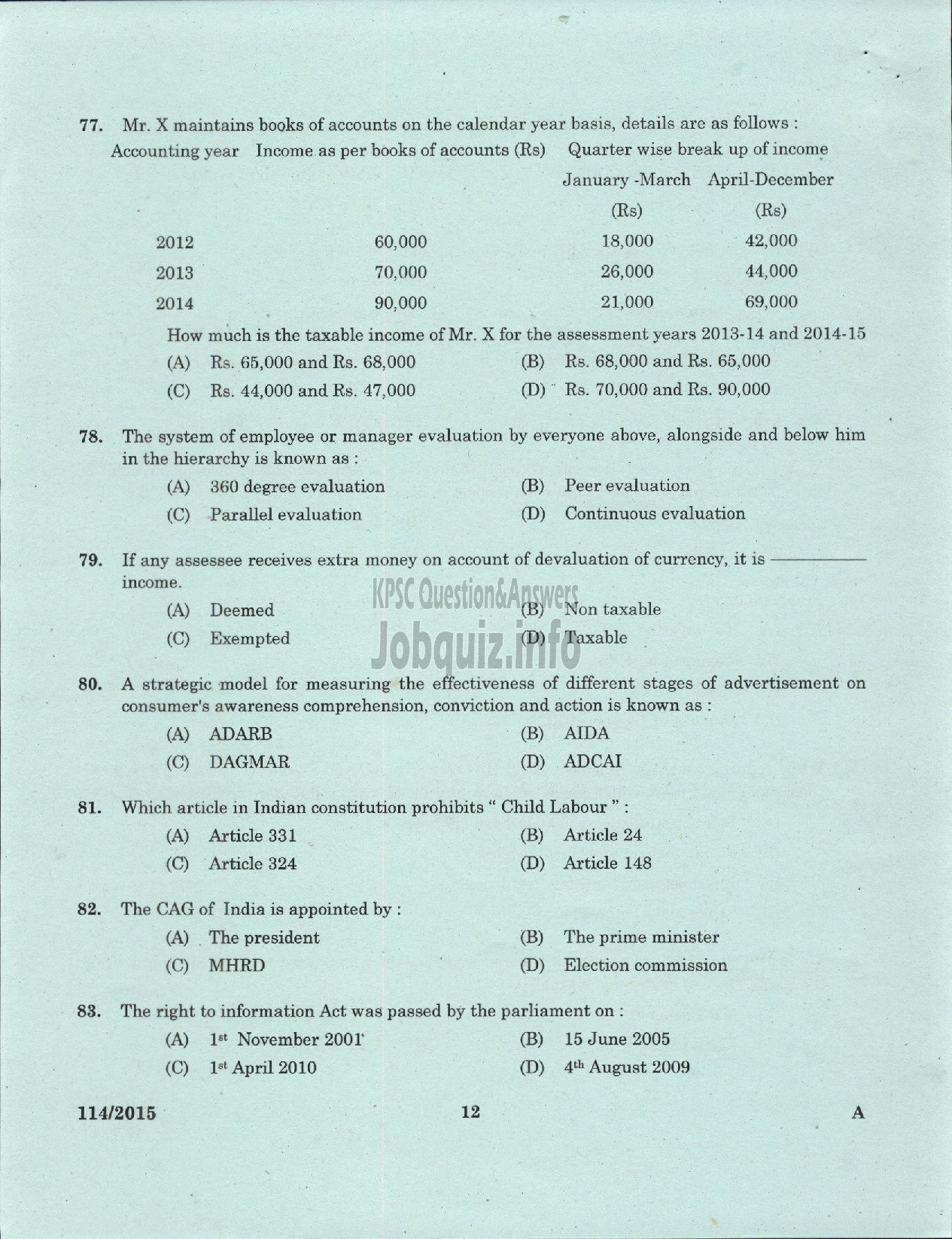 Kerala PSC Question Paper - JUNIOR COSTING ASST KM AND ML TITANIUM DIOXIDE PIGMENT UNIT-10