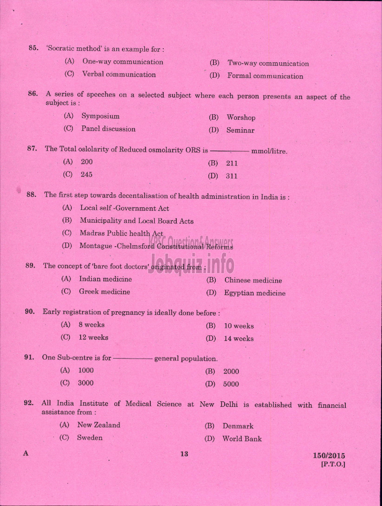 Kerala PSC Question Paper - JUNIOR HEALTH INSPECTOR GR II HEALTH SERVICES-11