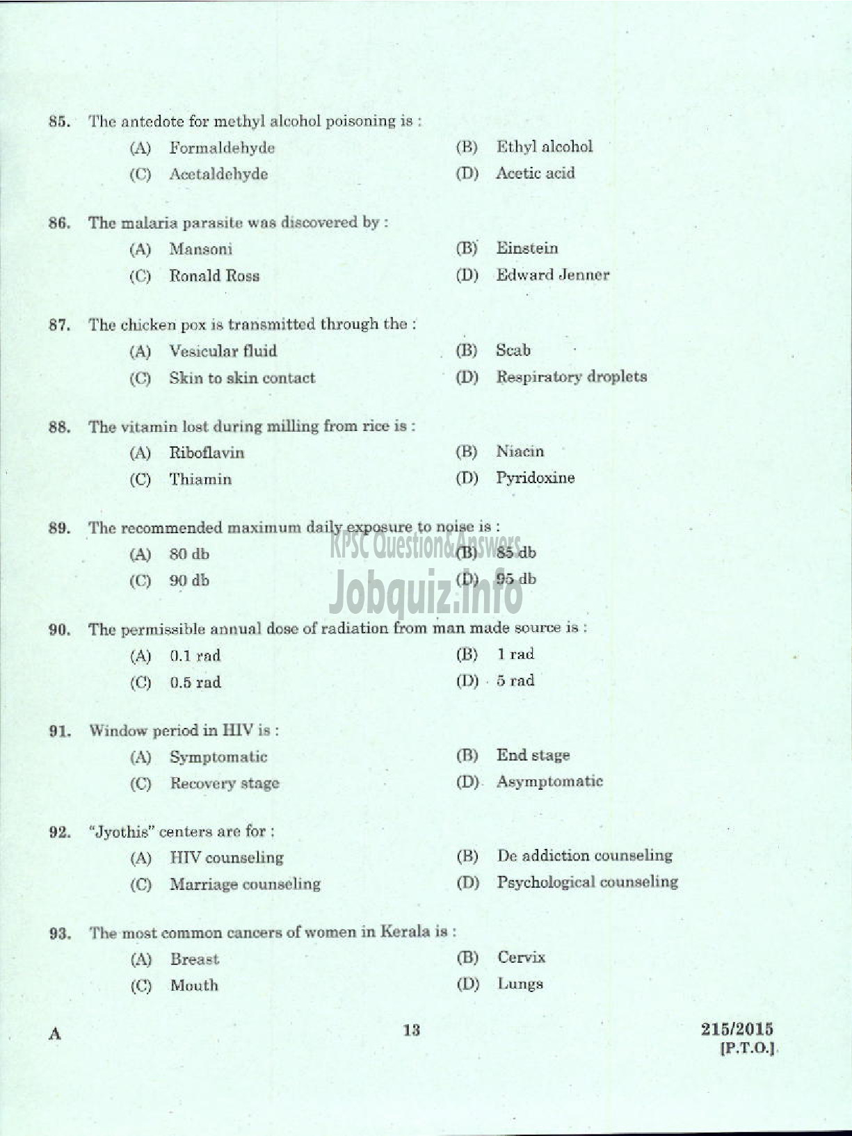 Kerala PSC Question Paper - JUNIOR HEALTH INSPECTOR GR II MUNICIPAL COMMON SERVICE-11