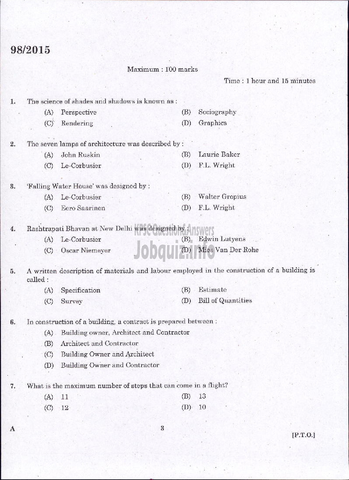 Kerala PSC Question Paper - JUNIOR INSTRUCTOR ARCHITECTURAL ASSISTANT INDUSTRIAL TRAINING-1