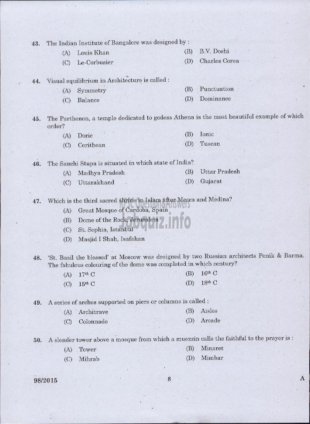 Kerala PSC Question Paper - JUNIOR INSTRUCTOR ARCHITECTURAL ASSISTANT INDUSTRIAL TRAINING-6