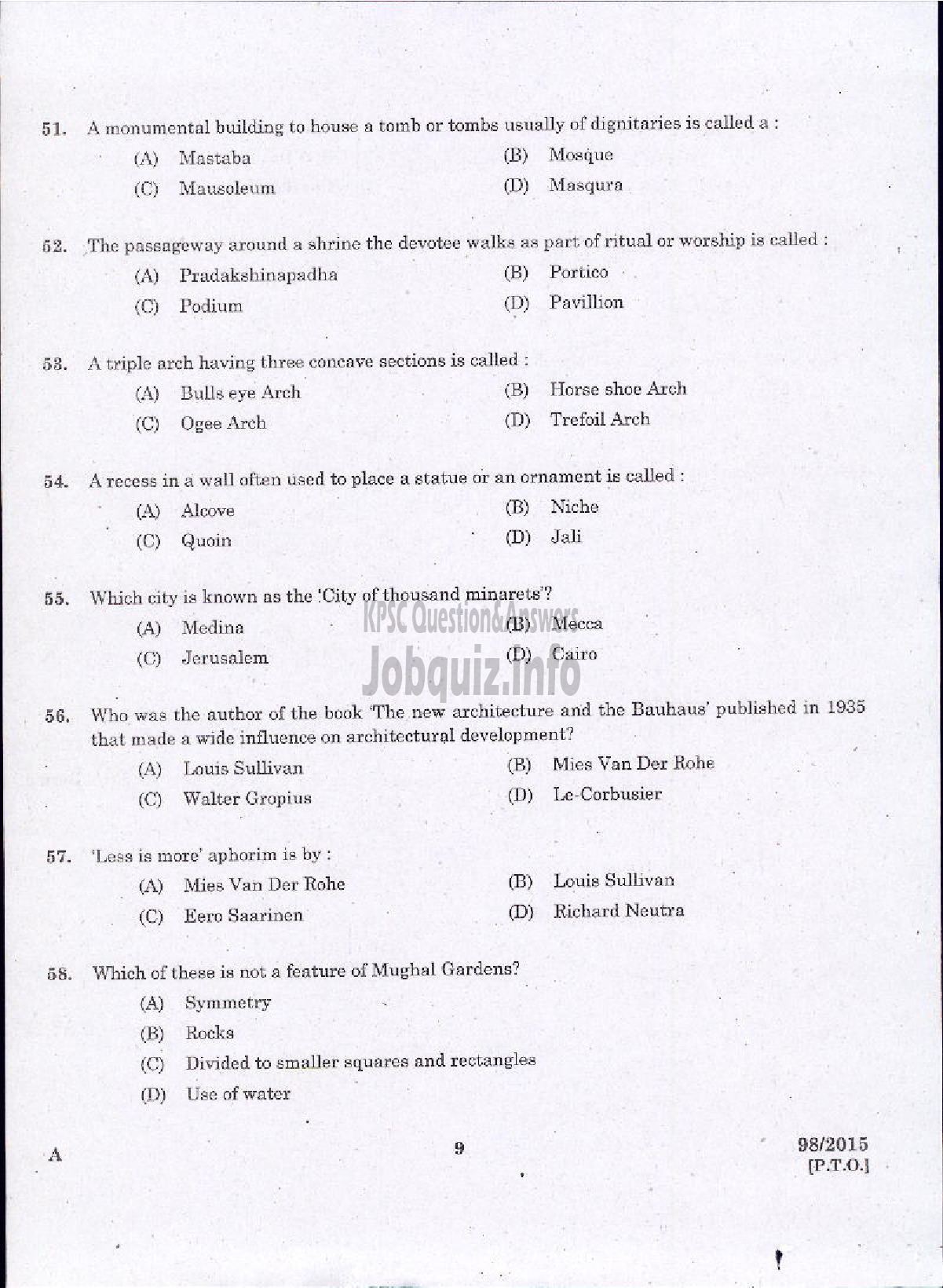 Kerala PSC Question Paper - JUNIOR INSTRUCTOR ARCHITECTURAL ASSISTANT INDUSTRIAL TRAINING-7