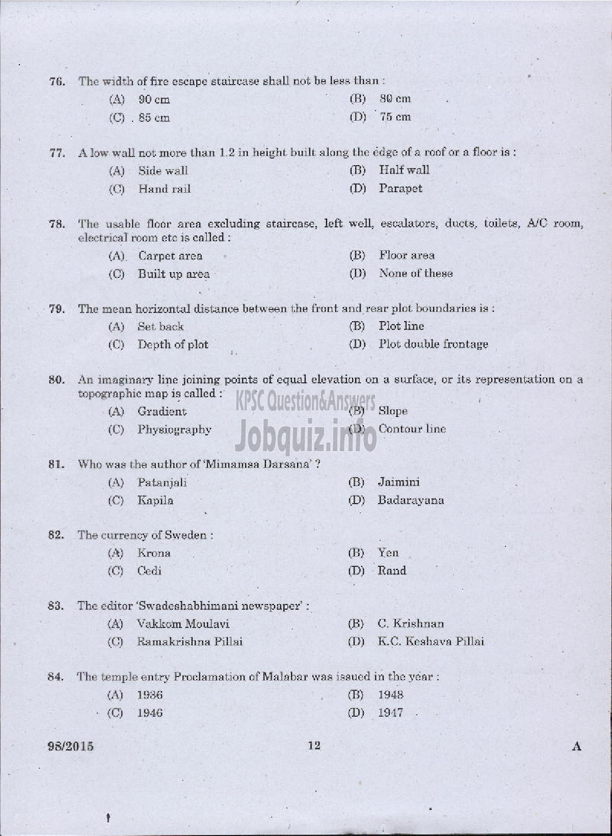 Kerala PSC Question Paper - JUNIOR INSTRUCTOR ARCHITECTURAL ASSISTANT INDUSTRIAL TRAINING-10