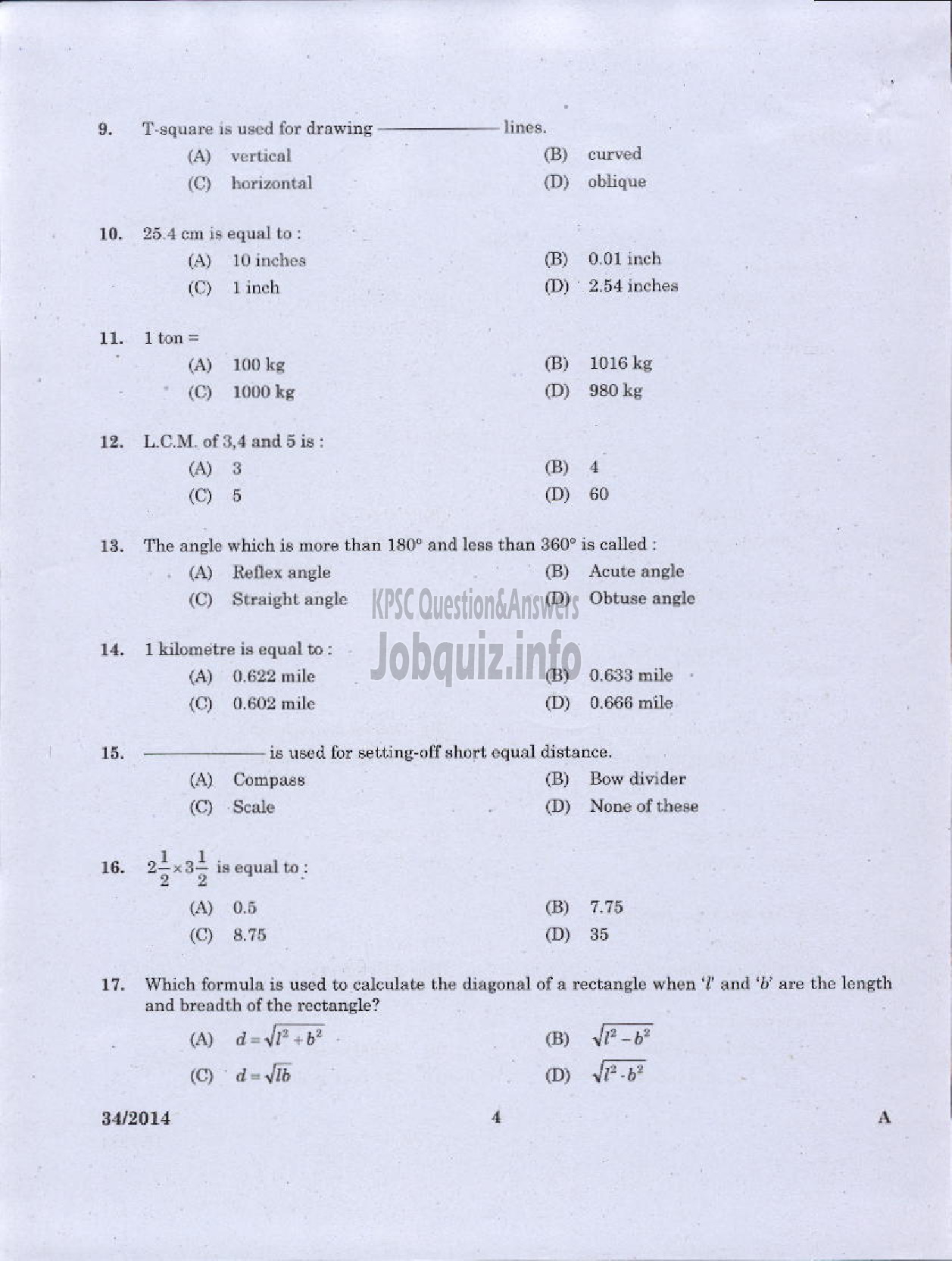 Kerala PSC Question Paper - JUNIOR INSTRUCTOR ARITHEMATIC CUM DRAWING INDUSTRIAL TRAINING DEPARTMENT-2