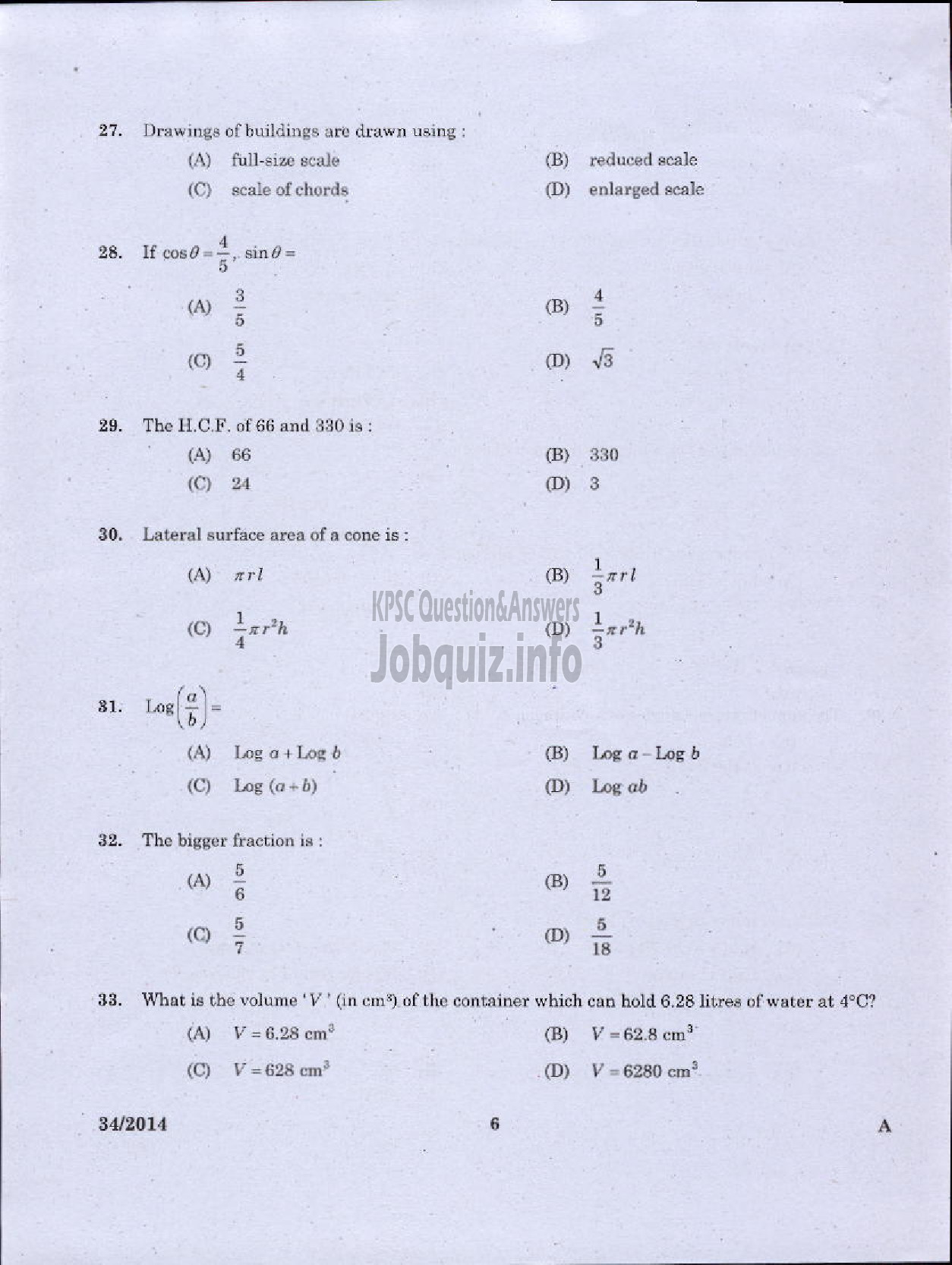 Kerala PSC Question Paper - JUNIOR INSTRUCTOR ARITHEMATIC CUM DRAWING INDUSTRIAL TRAINING DEPARTMENT-4