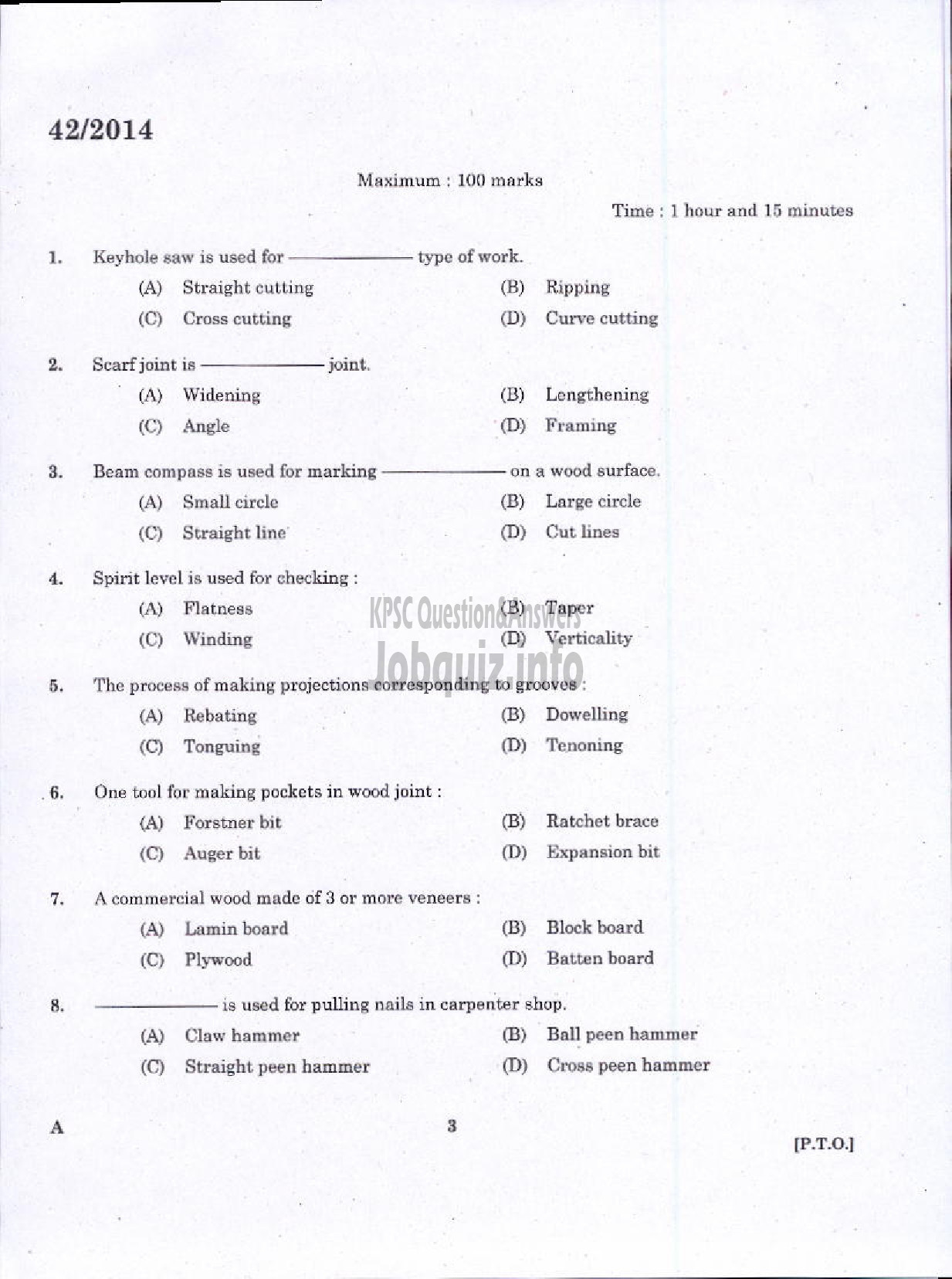 Kerala PSC Question Paper - JUNIOR INSTRUCTOR CARPENTER INDUSTRIAL TRAINING-1