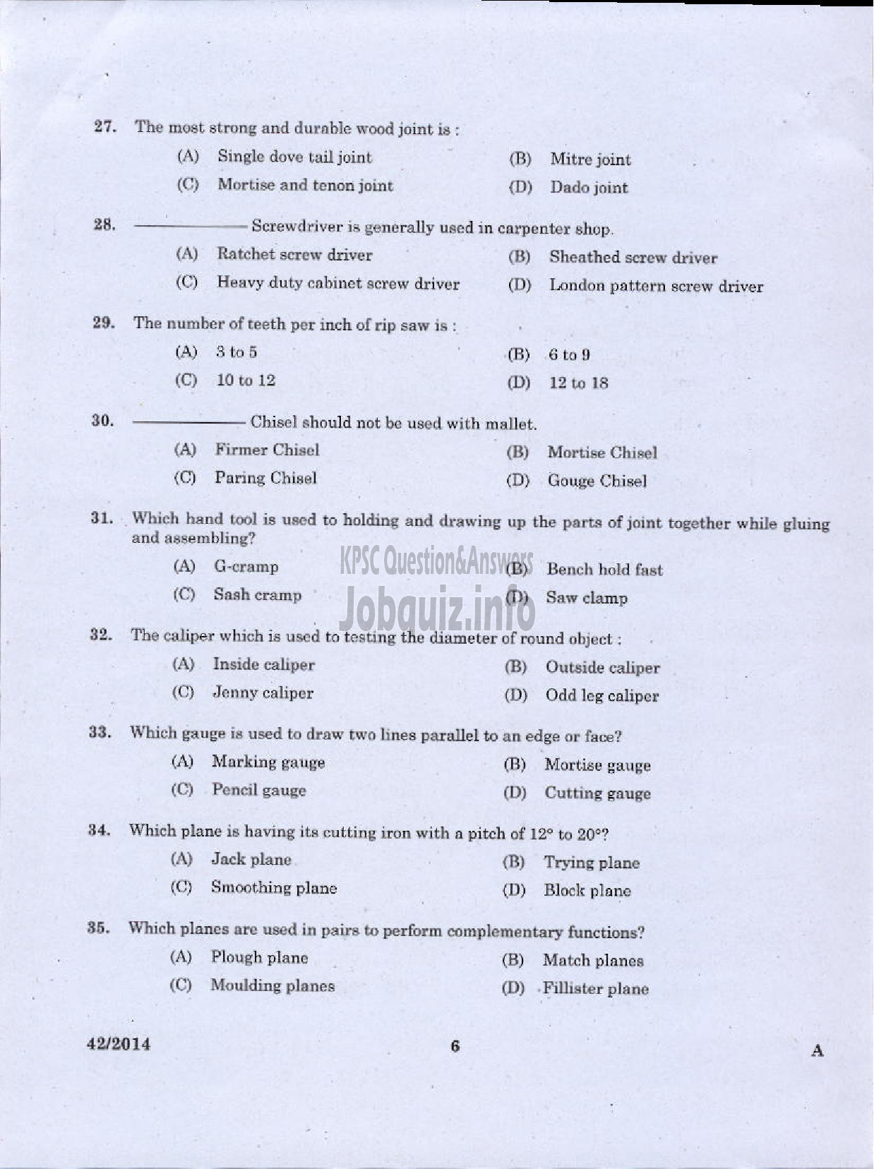 Kerala PSC Question Paper - JUNIOR INSTRUCTOR CARPENTER INDUSTRIAL TRAINING-4