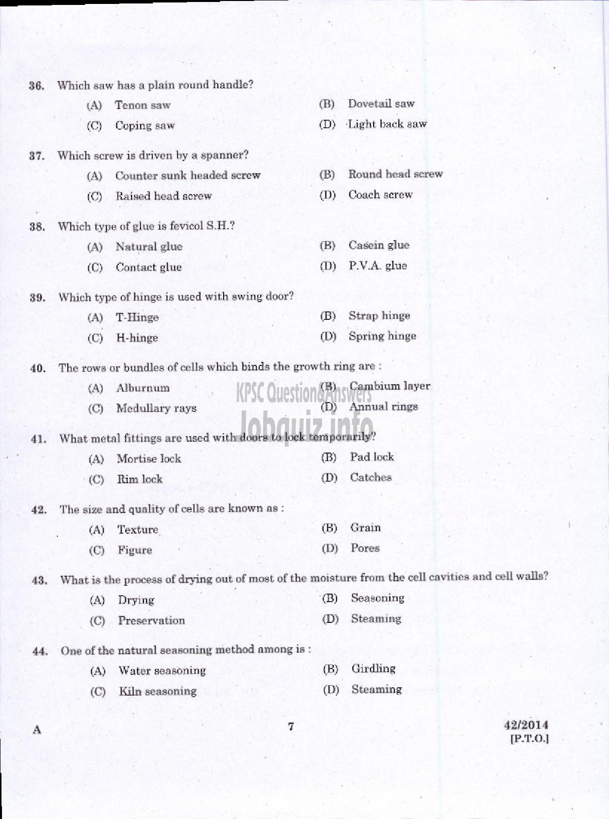 Kerala PSC Question Paper - JUNIOR INSTRUCTOR CARPENTER INDUSTRIAL TRAINING-5