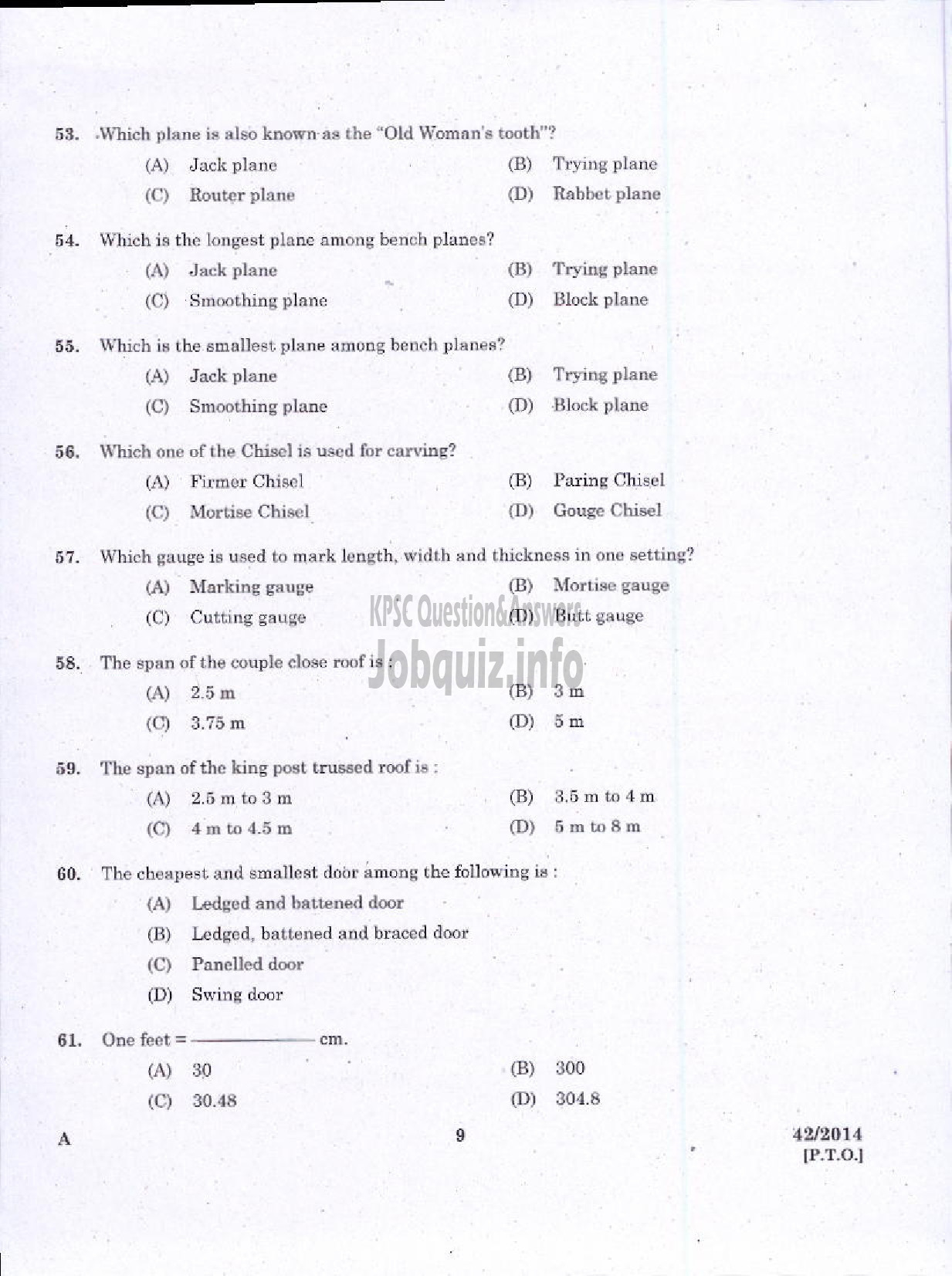 Kerala PSC Question Paper - JUNIOR INSTRUCTOR CARPENTER INDUSTRIAL TRAINING-7