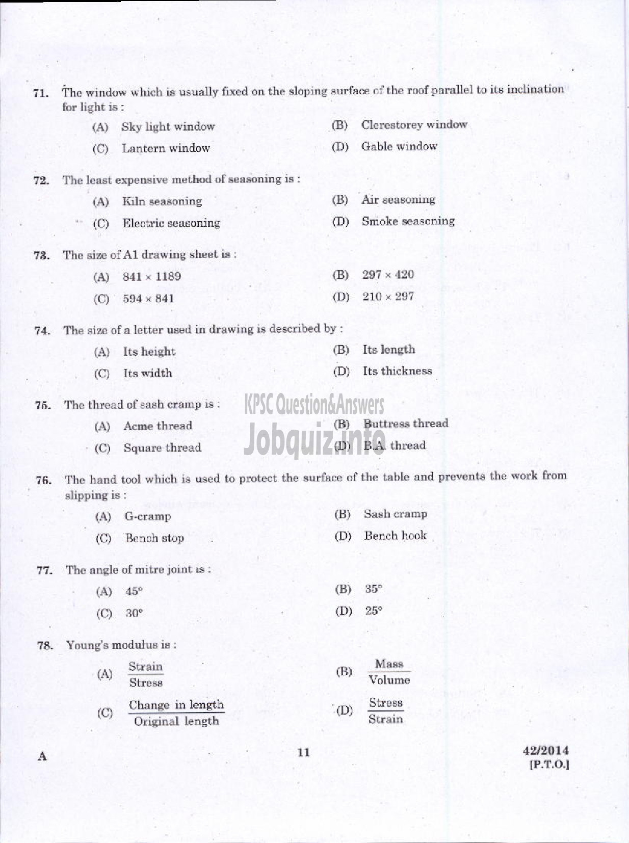 Kerala PSC Question Paper - JUNIOR INSTRUCTOR CARPENTER INDUSTRIAL TRAINING-9