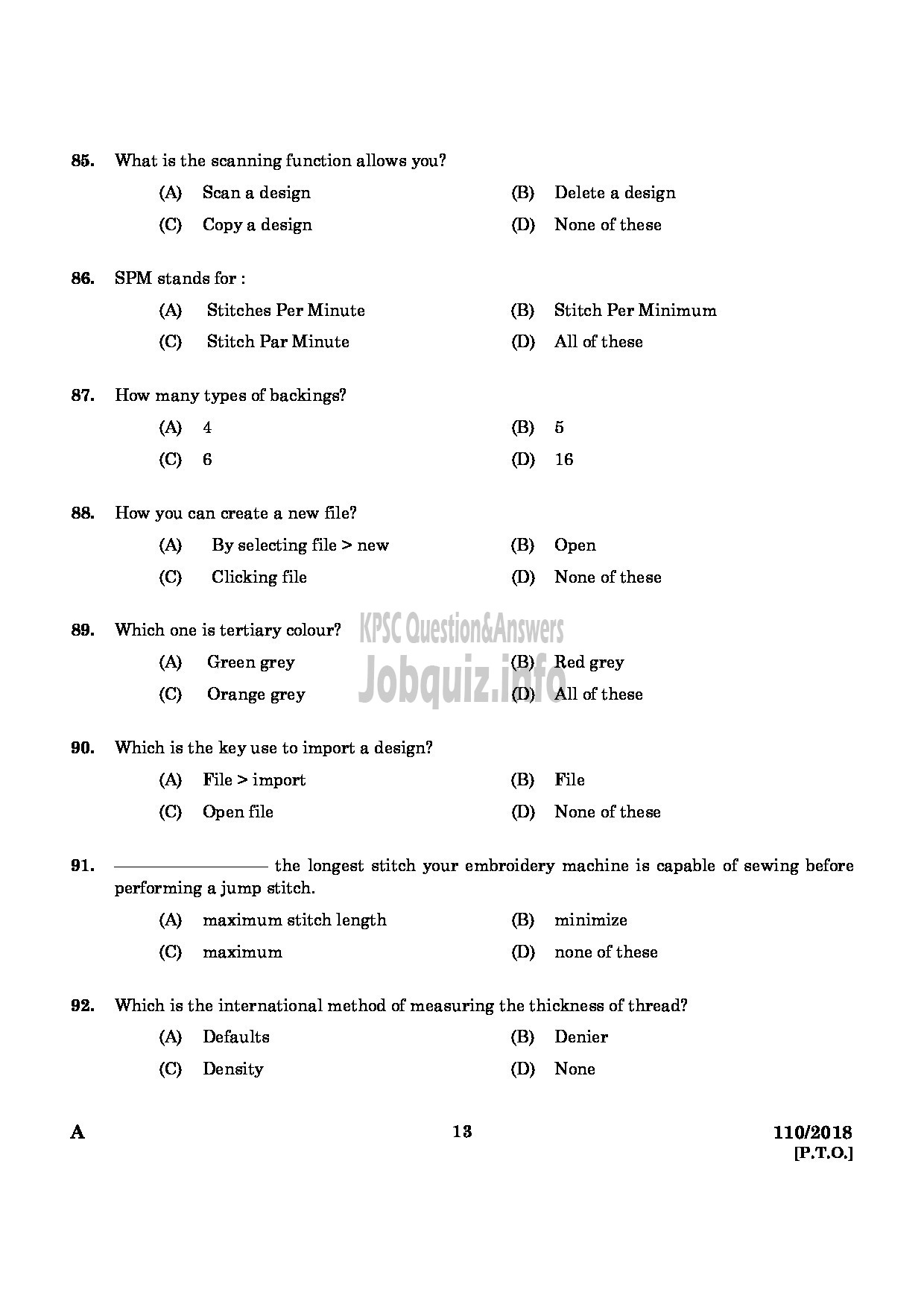 Kerala PSC Question Paper - JUNIOR INSTRUCTOR COMPUTER AIDED EMBROIDERY AND DESIGNING INDUSTRIAL TRAINING-11