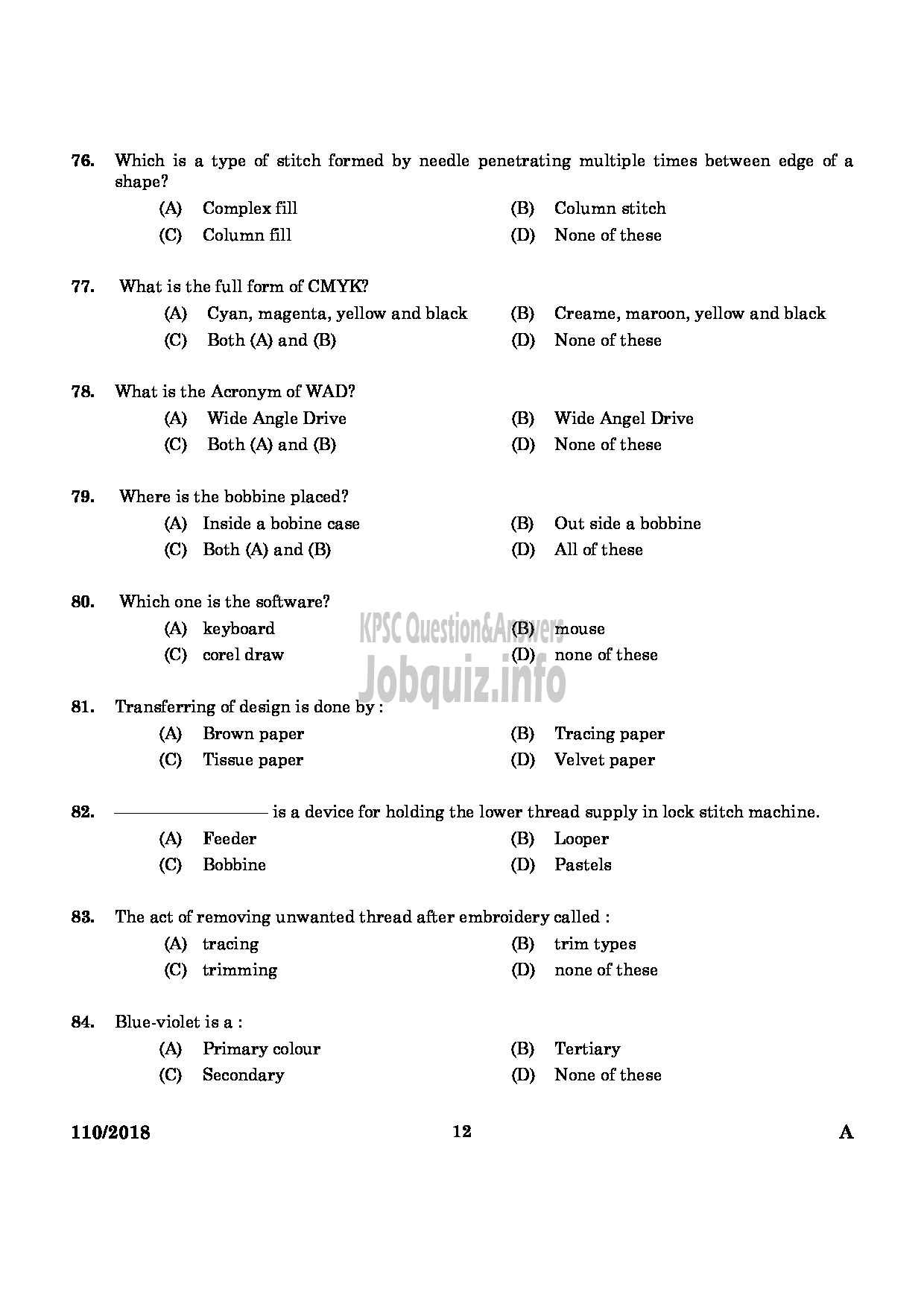 Kerala PSC Question Paper - JUNIOR INSTRUCTOR COMPUTER AIDED EMBROIDERY AND DESIGNING INDUSTRIAL TRAINING-10
