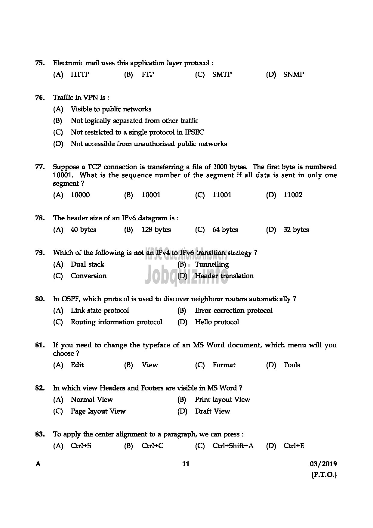 Kerala PSC Question Paper - JUNIOR INSTRUCTOR COMPUTER HARDWARE AND NETWORK MAINTENANCE English-11