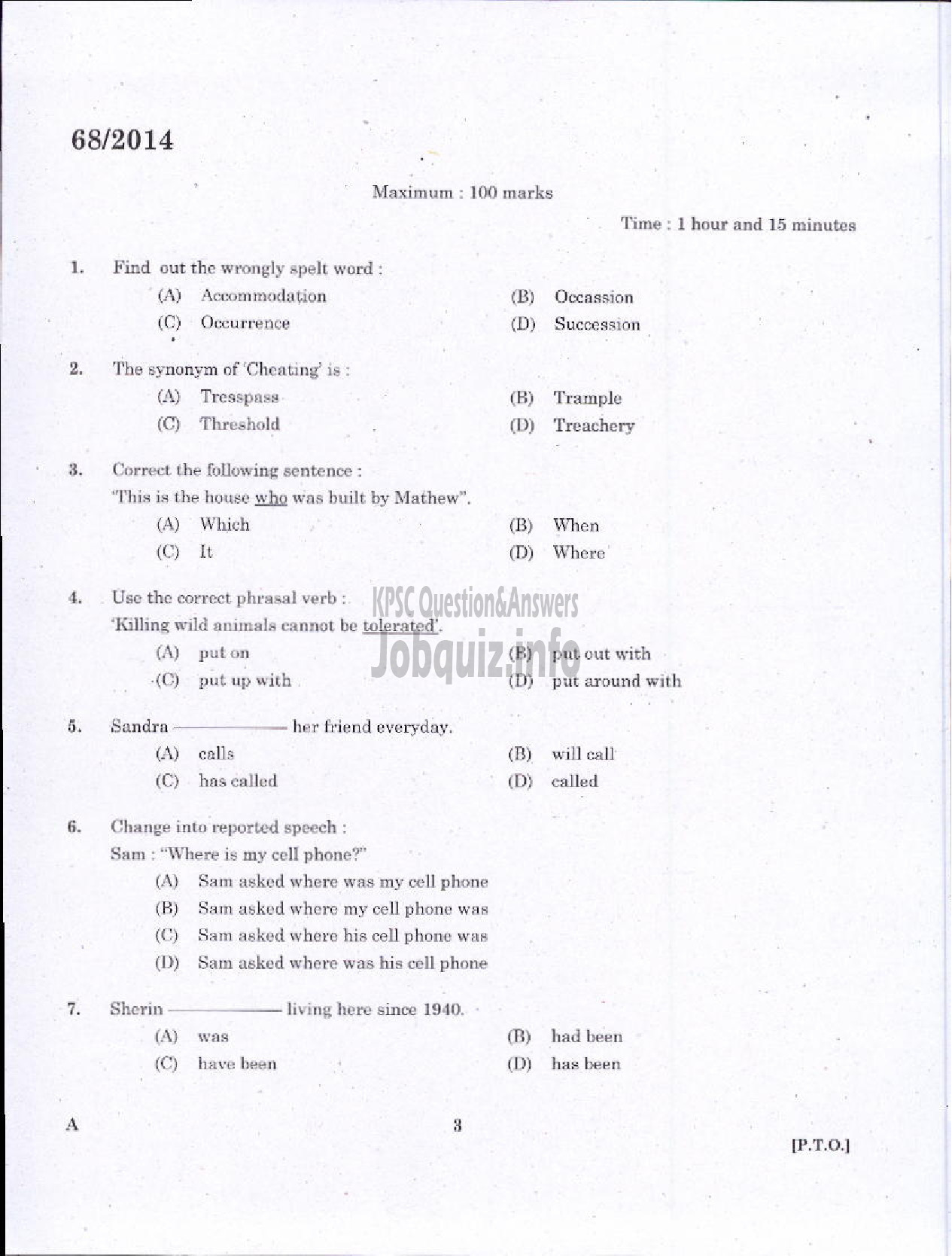 Kerala PSC Question Paper - JUNIOR INSTRUCTOR DAIRING INDUSTRIAL TRAINING-1