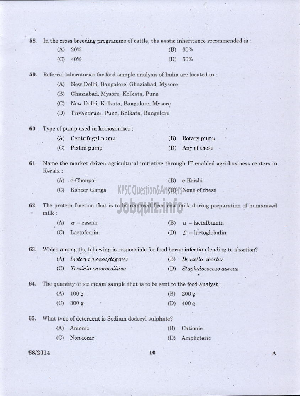 Kerala PSC Question Paper - JUNIOR INSTRUCTOR DAIRING INDUSTRIAL TRAINING-8