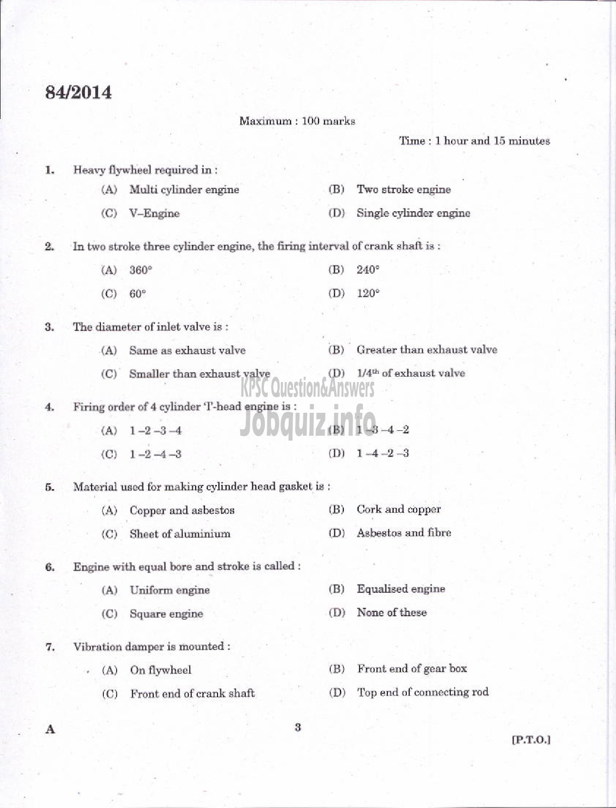 Kerala PSC Question Paper - JUNIOR INSTRUCTOR DRIVER CUM MECHANIC INDUSTRIAL TRAINING-1