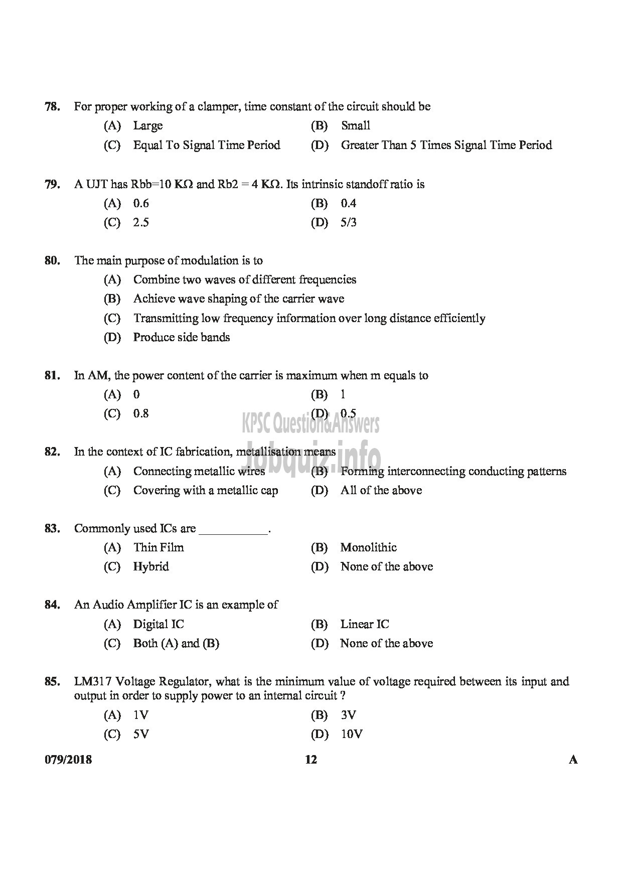 Kerala PSC Question Paper - JUNIOR INSTRUCTOR ELECTRONIC MECHANIC INDUSTRIAL TRAINING-12