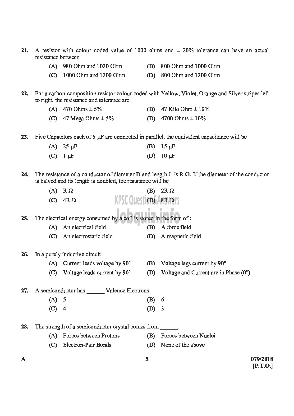 Kerala PSC Question Paper - JUNIOR INSTRUCTOR ELECTRONIC MECHANIC INDUSTRIAL TRAINING-5