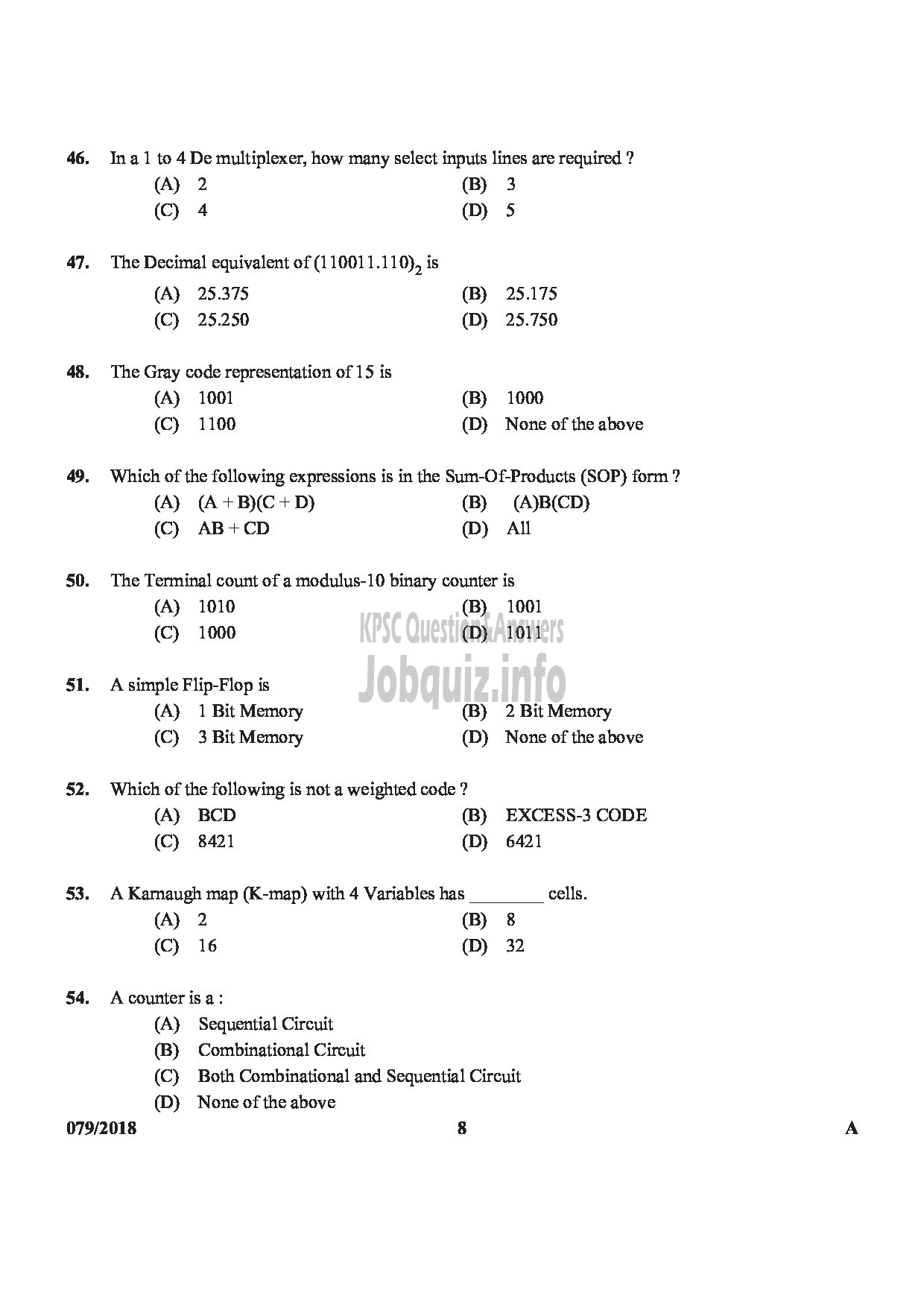 Kerala PSC Question Paper - JUNIOR INSTRUCTOR ELECTRONIC MECHANIC INDUSTRIAL TRAINING-8