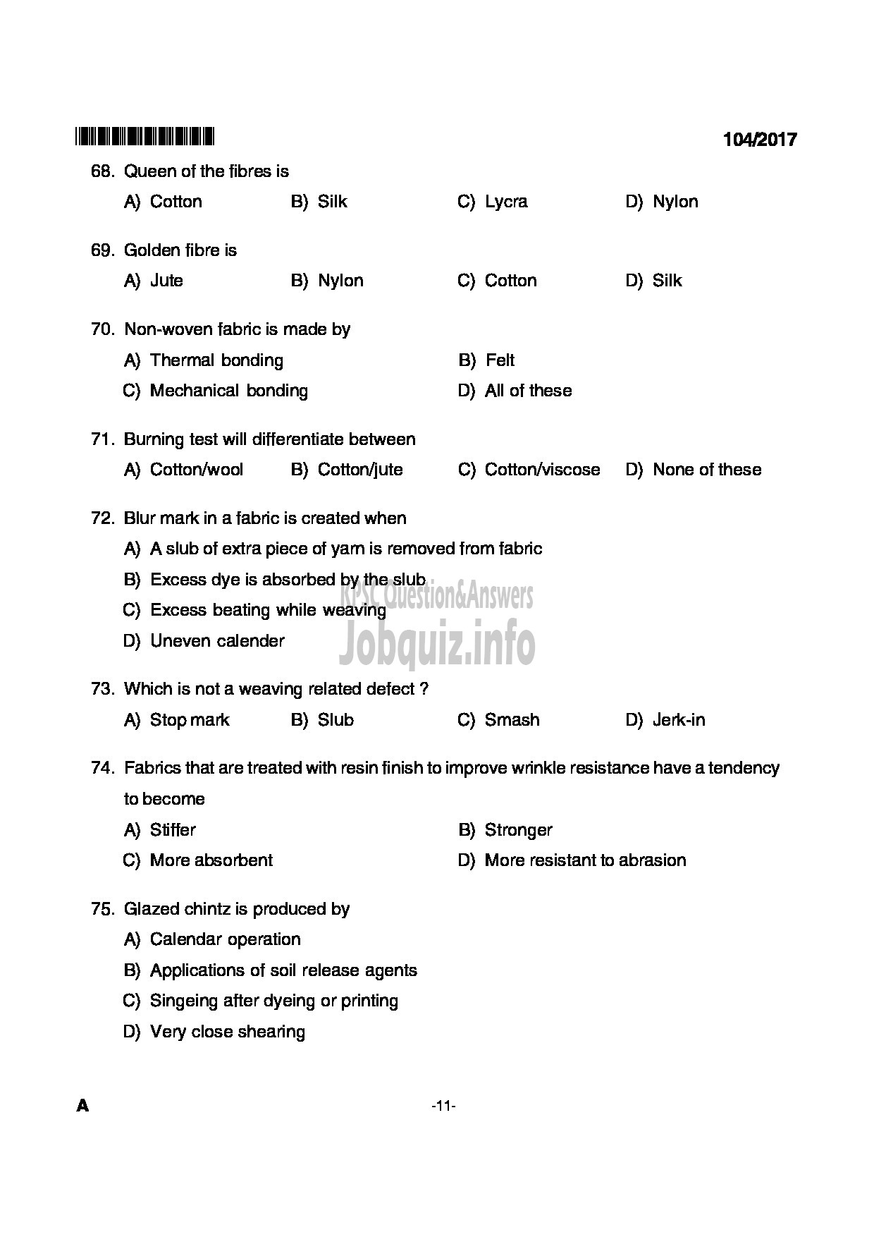 Kerala PSC Question Paper - JUNIOR INSTRUCTOR FASHION TECHNOLOGY INDUSTRIAL TRAINING-11