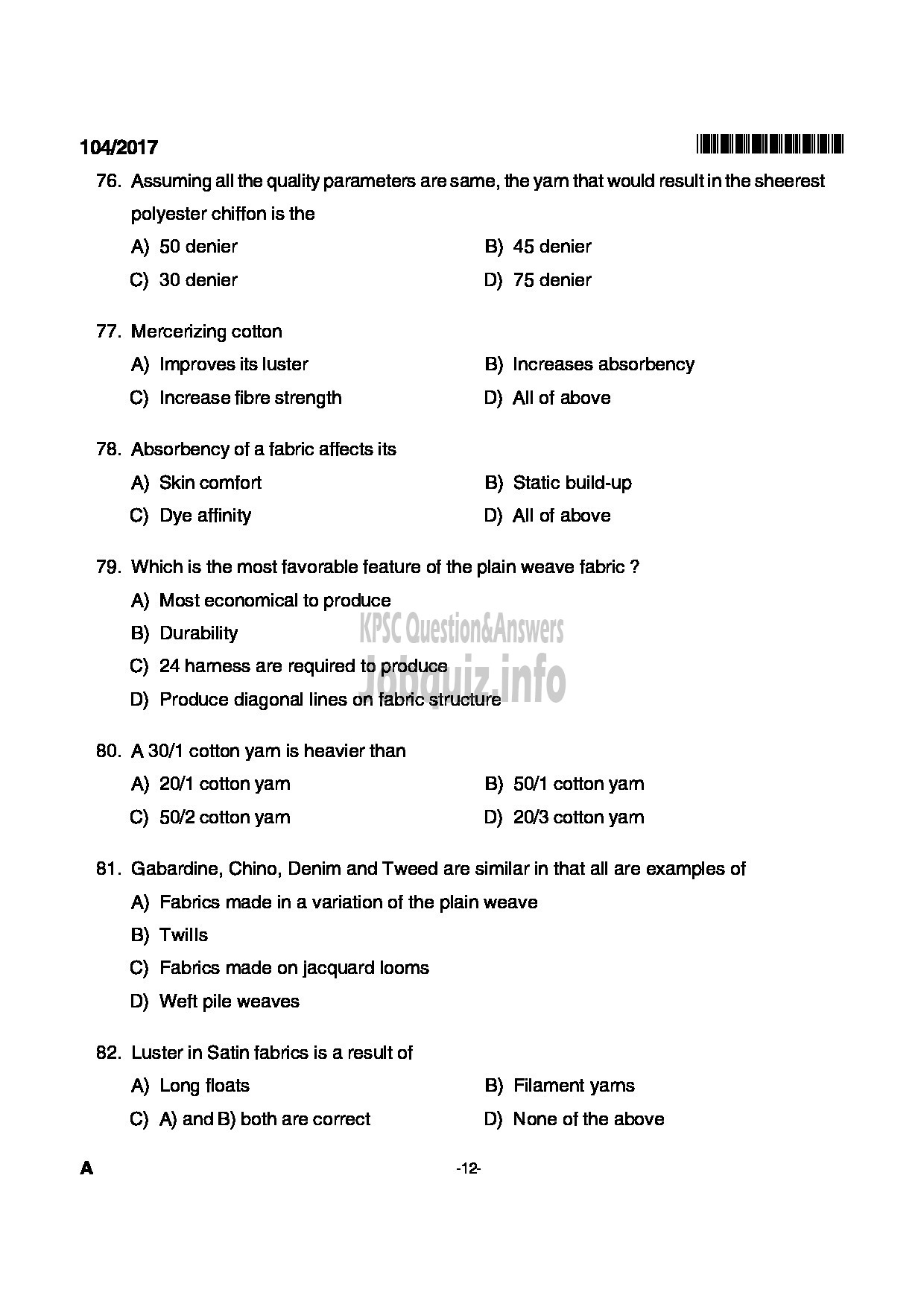 Kerala PSC Question Paper - JUNIOR INSTRUCTOR FASHION TECHNOLOGY INDUSTRIAL TRAINING-12