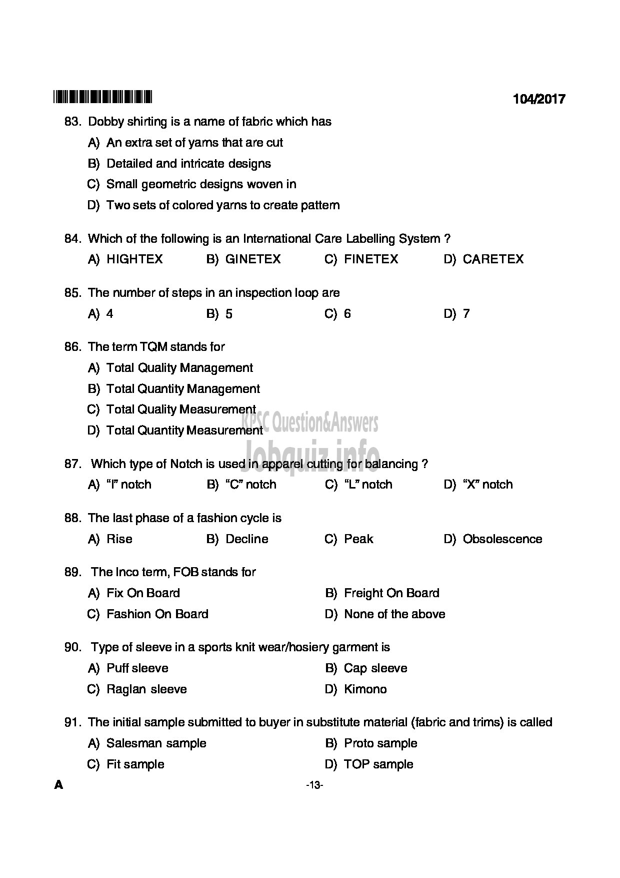 Kerala PSC Question Paper - JUNIOR INSTRUCTOR FASHION TECHNOLOGY INDUSTRIAL TRAINING-13