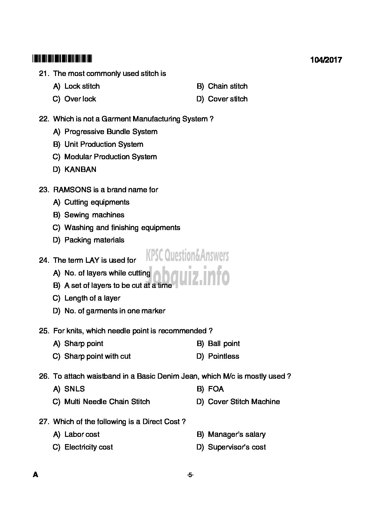 Kerala PSC Question Paper - JUNIOR INSTRUCTOR FASHION TECHNOLOGY INDUSTRIAL TRAINING-5