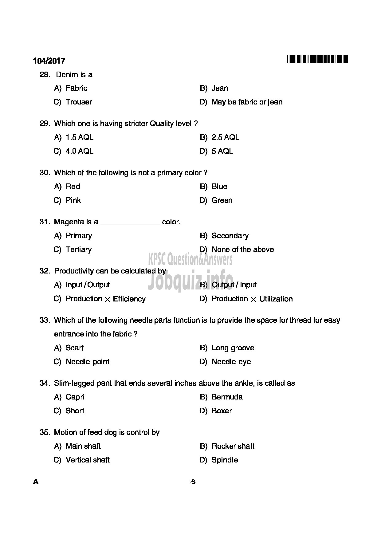 Kerala PSC Question Paper - JUNIOR INSTRUCTOR FASHION TECHNOLOGY INDUSTRIAL TRAINING-6