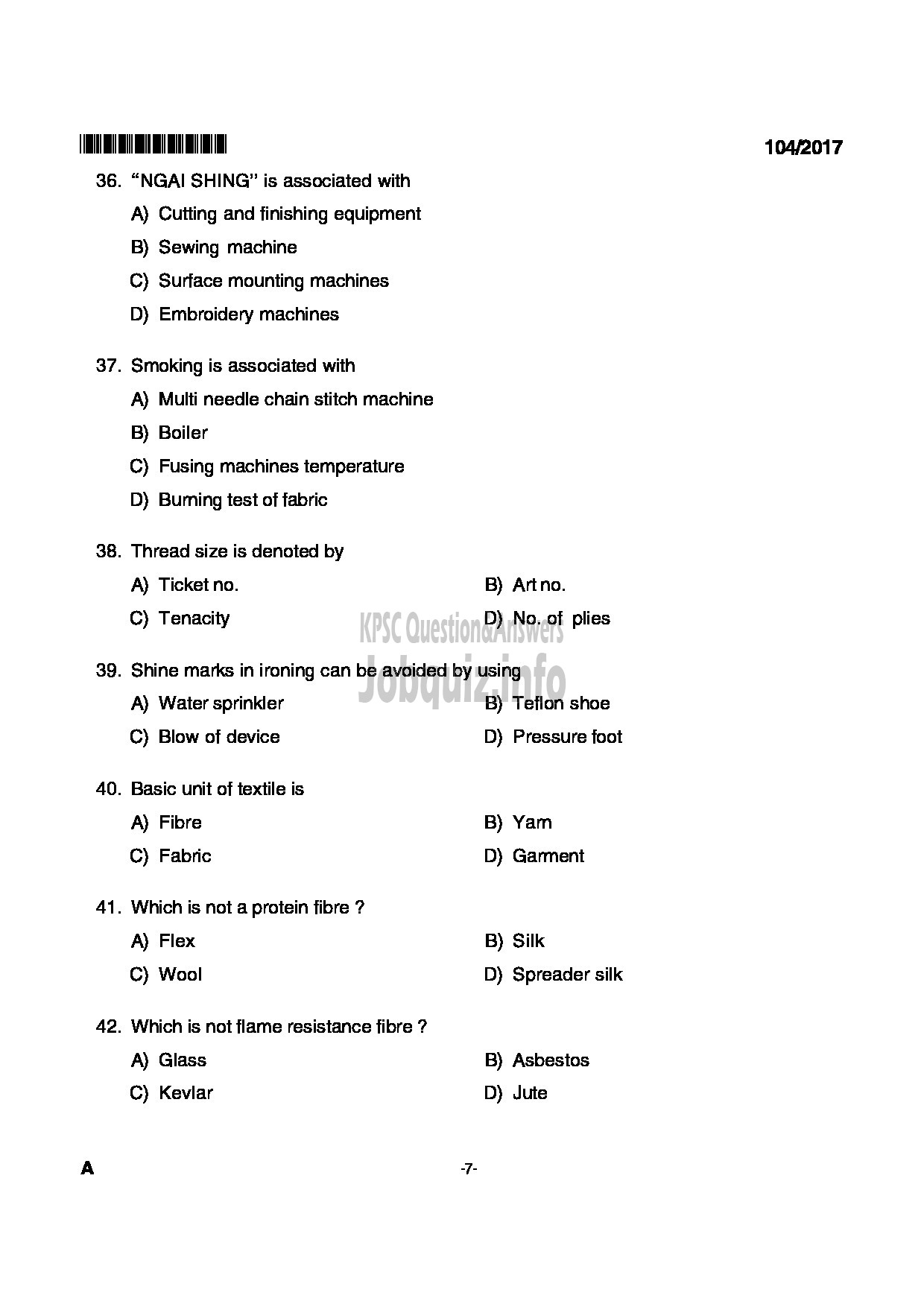 Kerala PSC Question Paper - JUNIOR INSTRUCTOR FASHION TECHNOLOGY INDUSTRIAL TRAINING-7