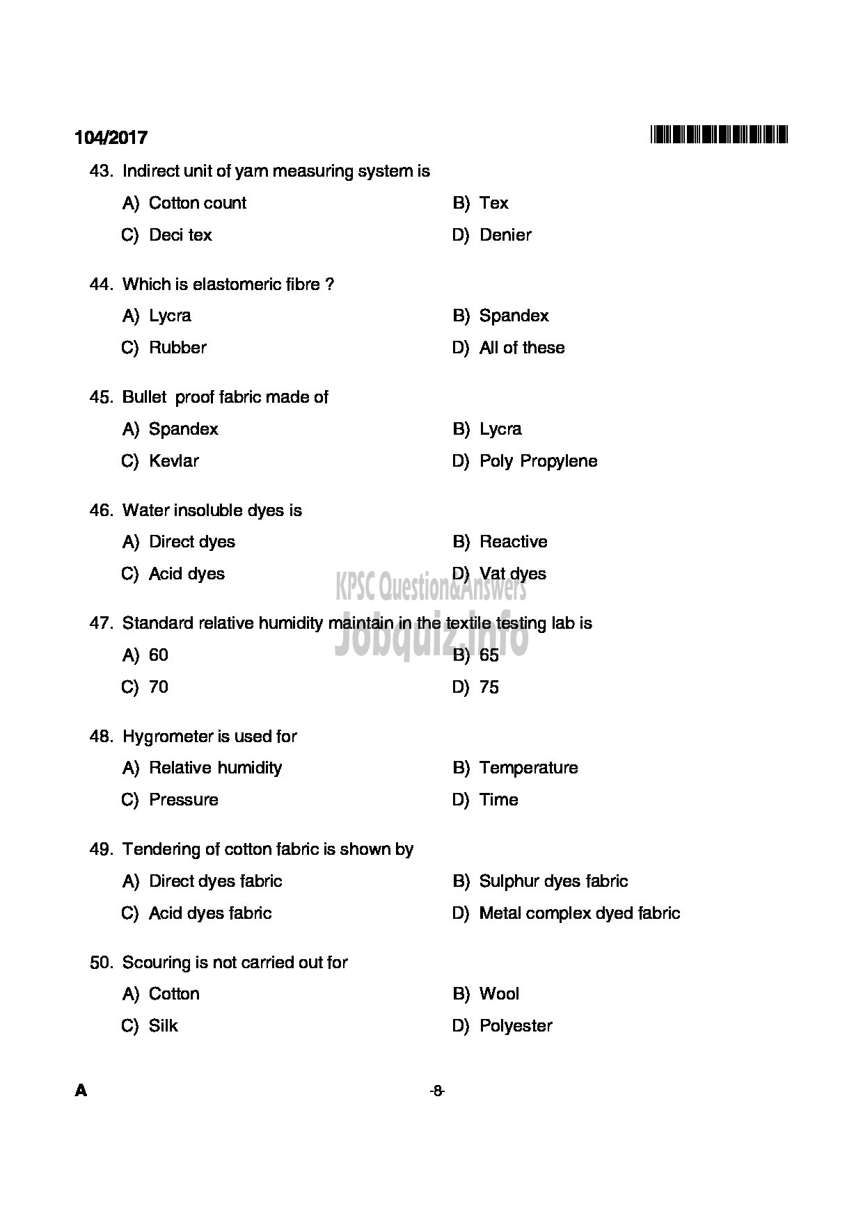 Kerala PSC Question Paper - JUNIOR INSTRUCTOR FASHION TECHNOLOGY INDUSTRIAL TRAINING-8