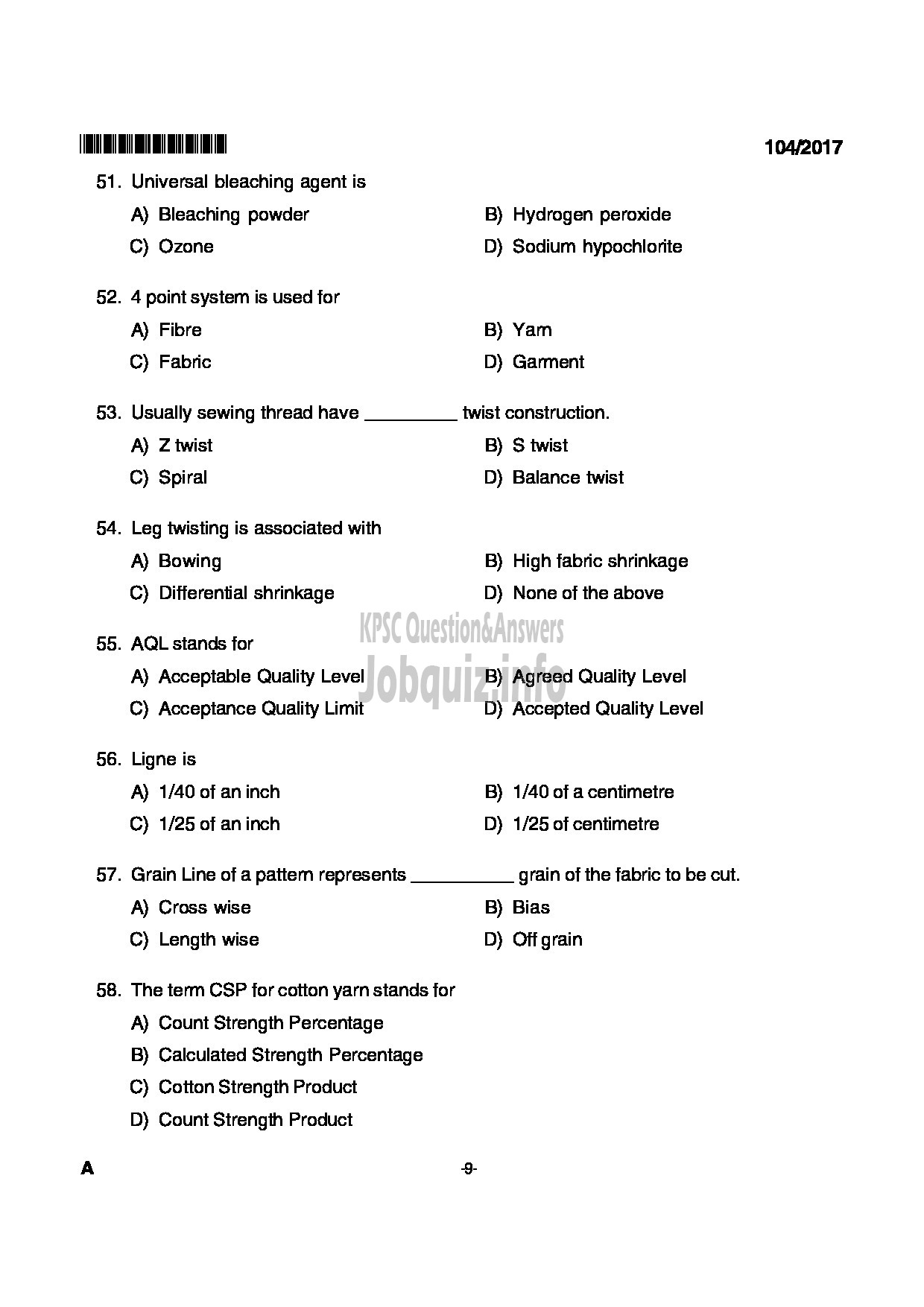 Kerala PSC Question Paper - JUNIOR INSTRUCTOR FASHION TECHNOLOGY INDUSTRIAL TRAINING-9