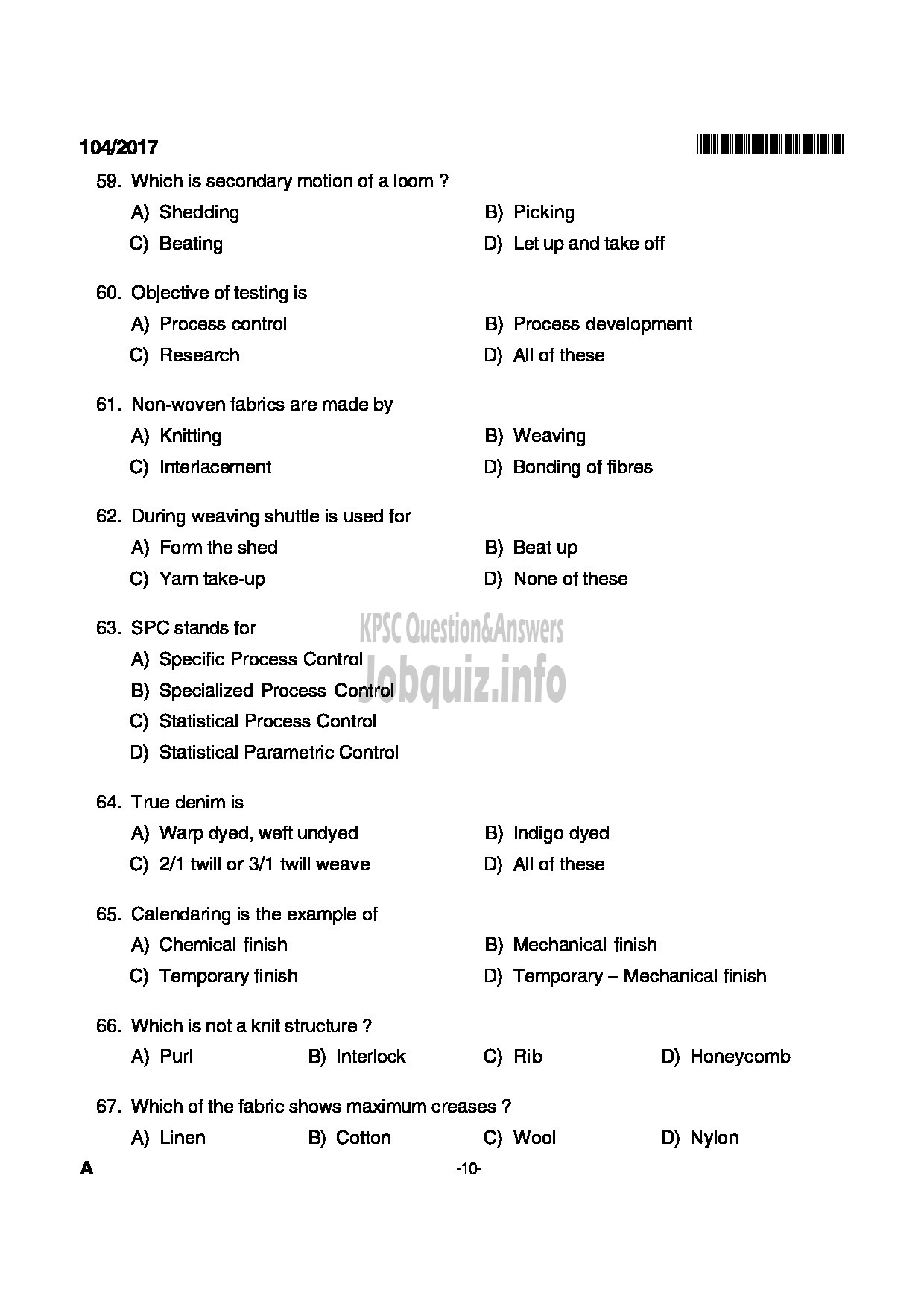 Kerala PSC Question Paper - JUNIOR INSTRUCTOR FASHION TECHNOLOGY INDUSTRIAL TRAINING-10