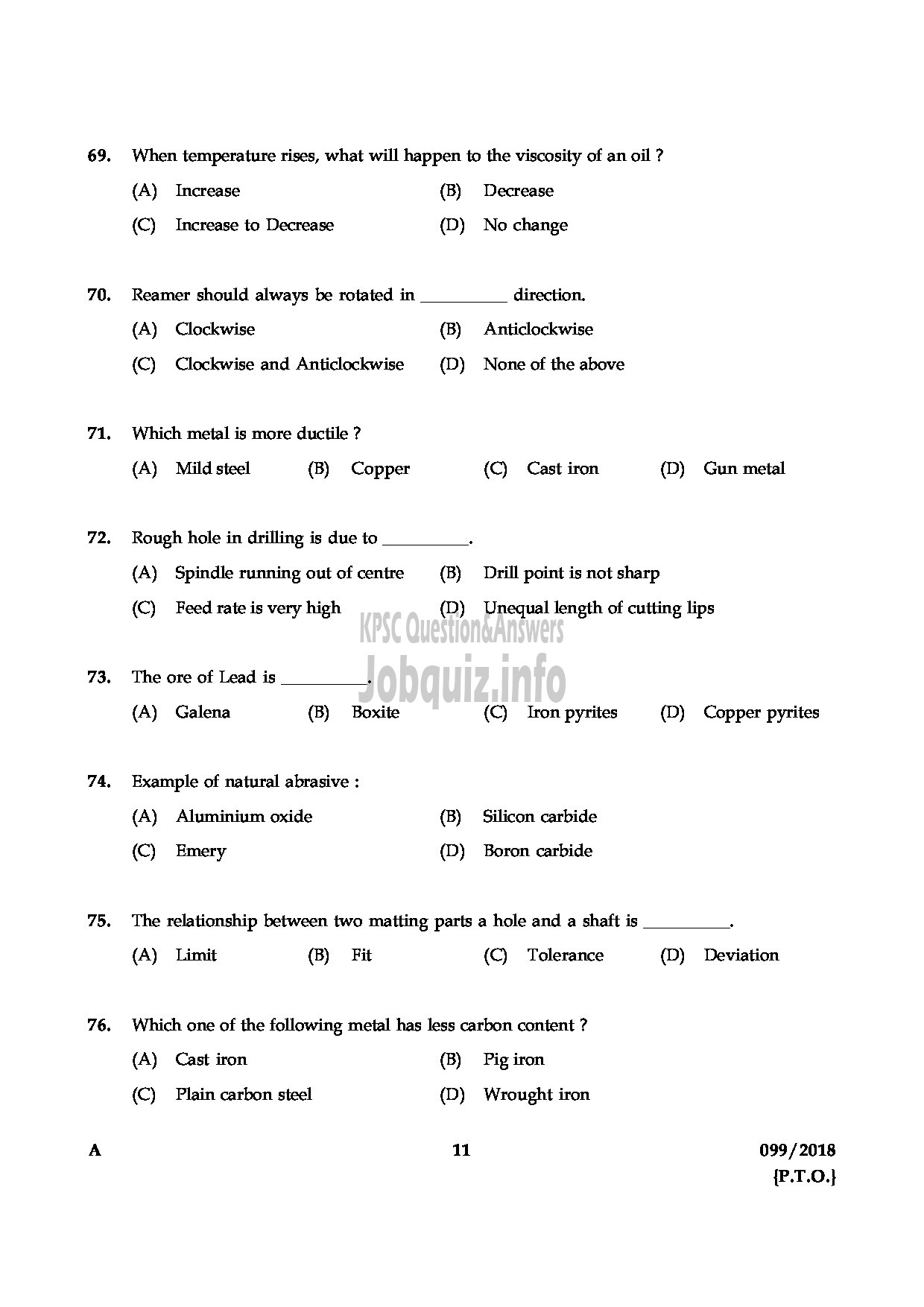 Kerala PSC Question Paper - JUNIOR INSTRUCTOR FITTER INDUSTRIAL TRAINING ENGLISH -11