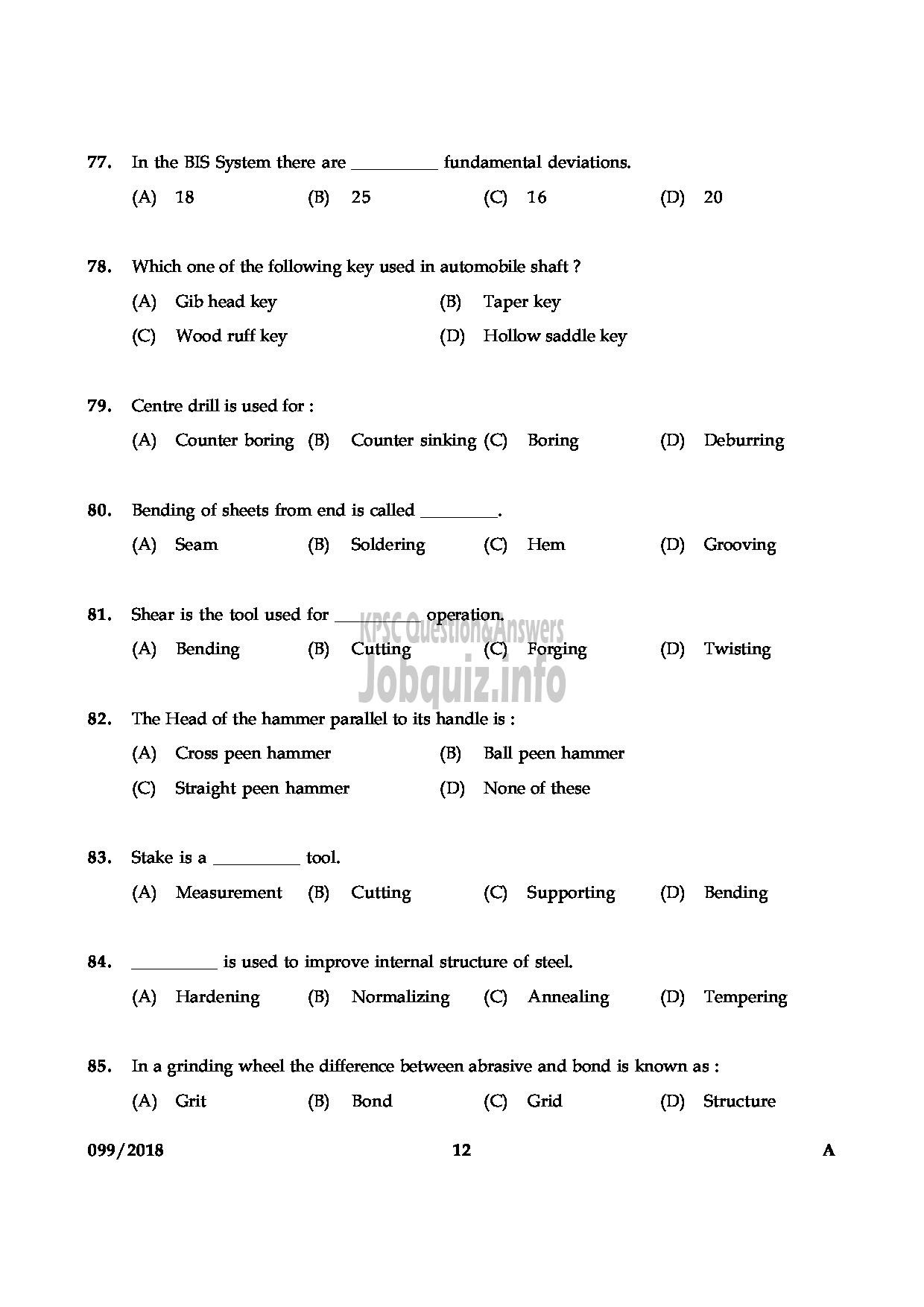 Kerala PSC Question Paper - JUNIOR INSTRUCTOR FITTER INDUSTRIAL TRAINING ENGLISH -12