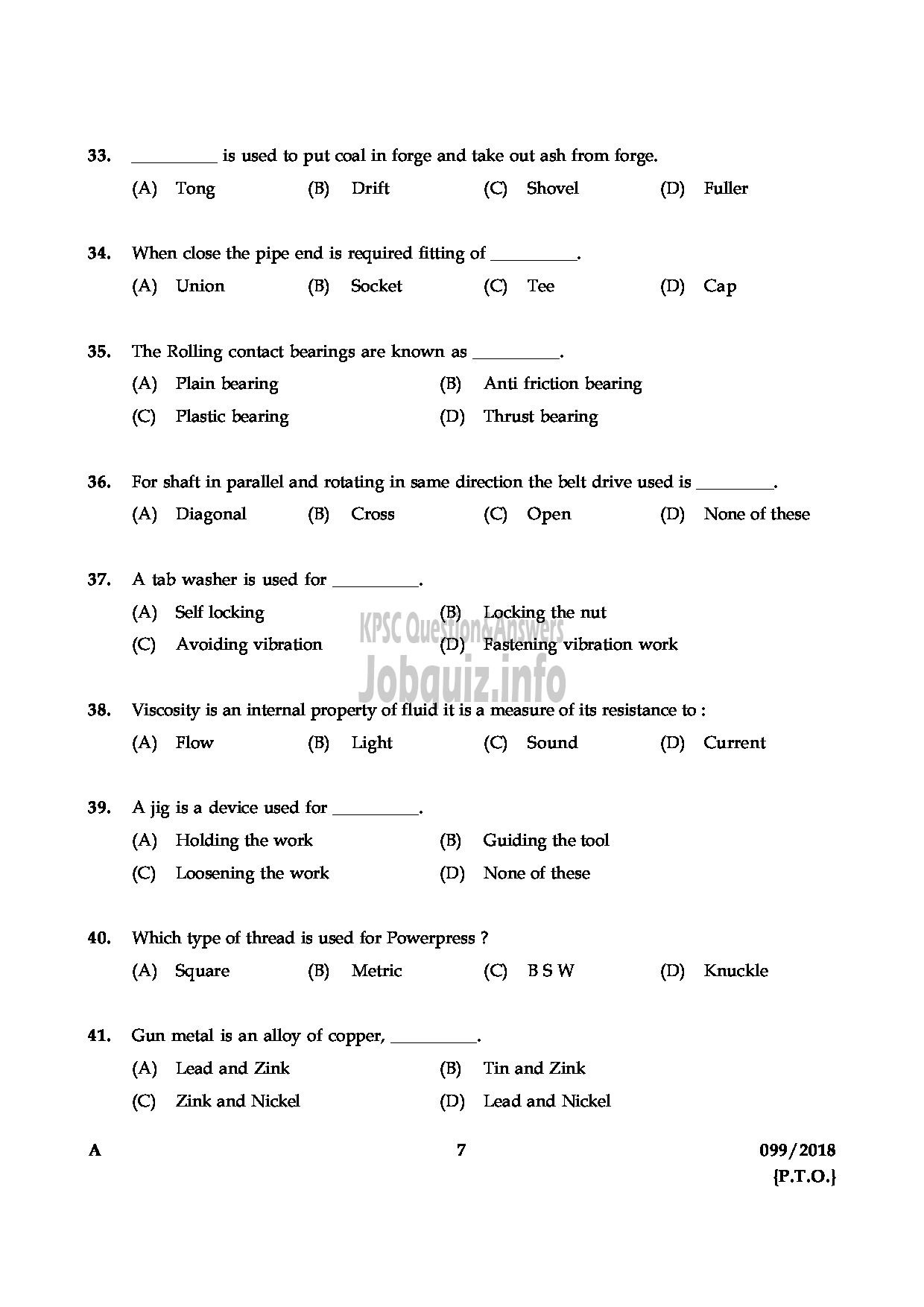 Kerala PSC Question Paper - JUNIOR INSTRUCTOR FITTER INDUSTRIAL TRAINING ENGLISH -7