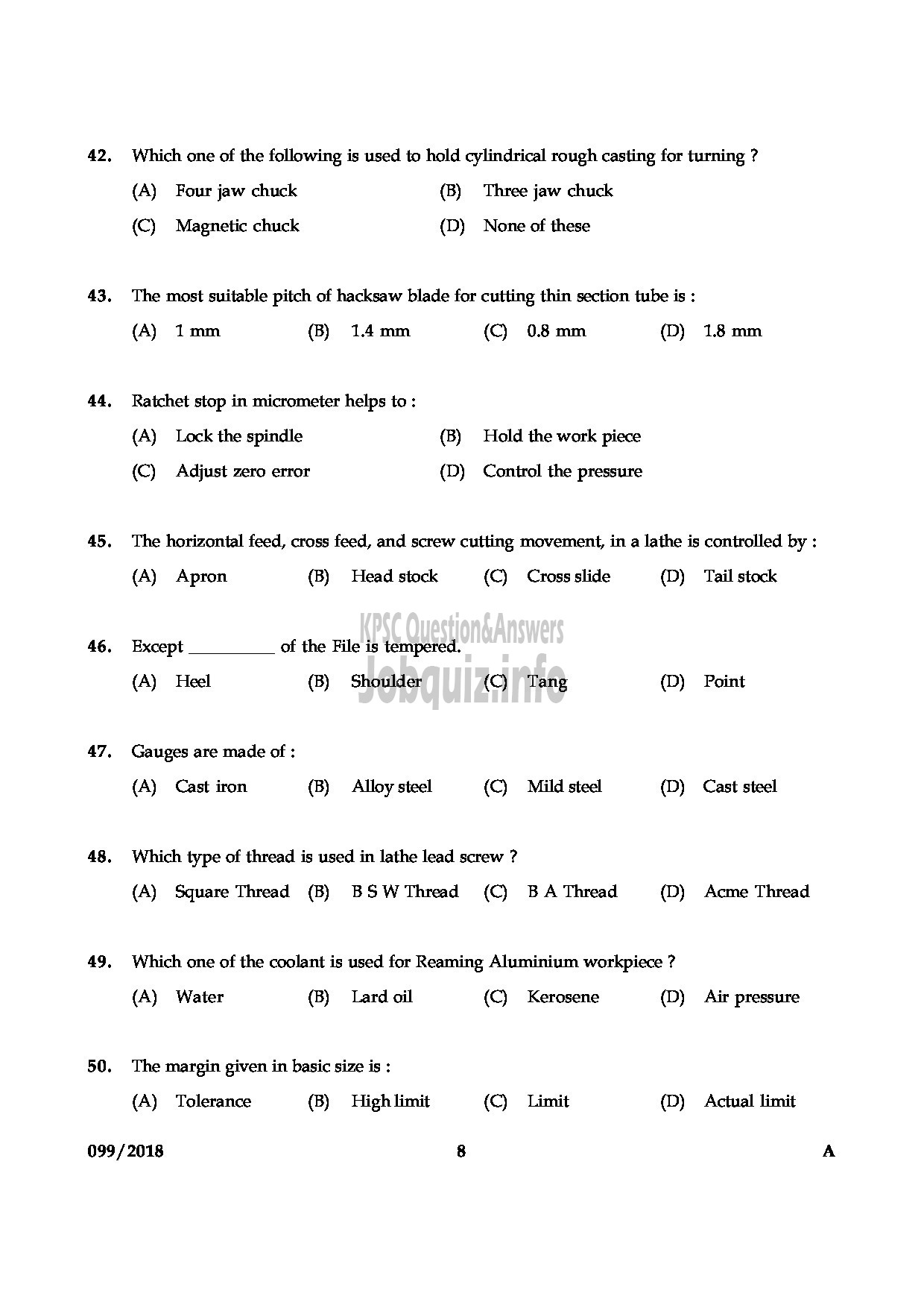 Kerala PSC Question Paper - JUNIOR INSTRUCTOR FITTER INDUSTRIAL TRAINING ENGLISH -8