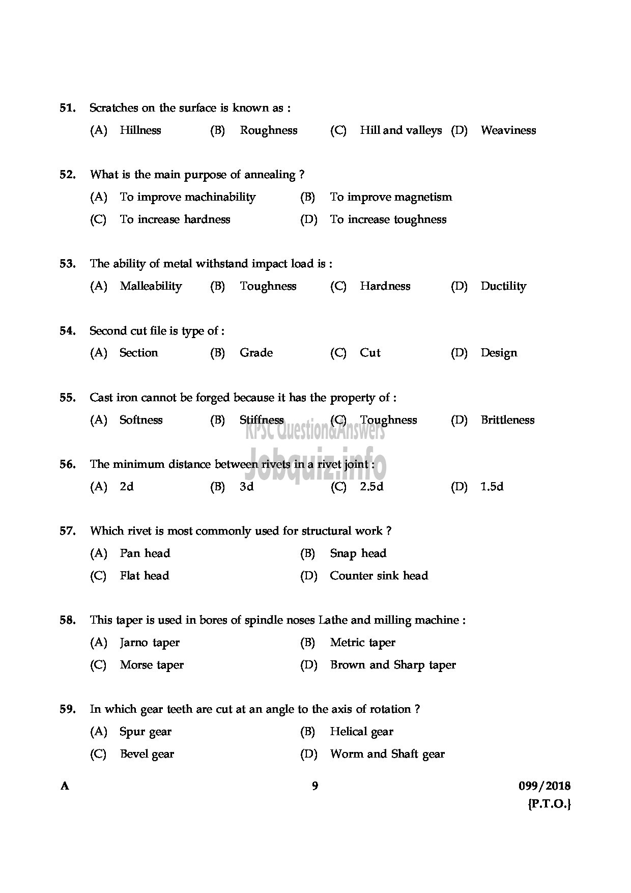 Kerala PSC Question Paper - JUNIOR INSTRUCTOR FITTER INDUSTRIAL TRAINING ENGLISH -9