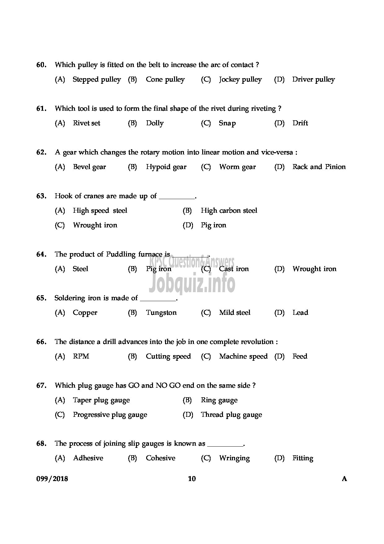 Kerala PSC Question Paper - JUNIOR INSTRUCTOR FITTER INDUSTRIAL TRAINING ENGLISH -10