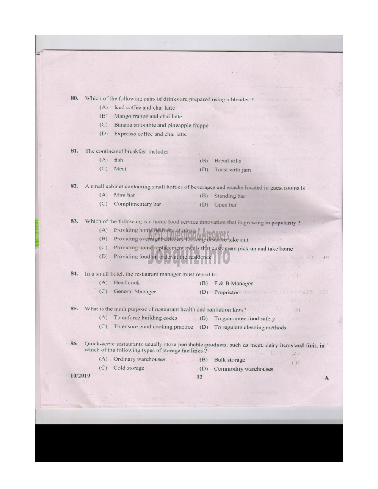 Kerala PSC Question Paper - JUNIOR INSTRUCTOR FOOD BEVERAGES INDUSTRIAL TRAINING-11