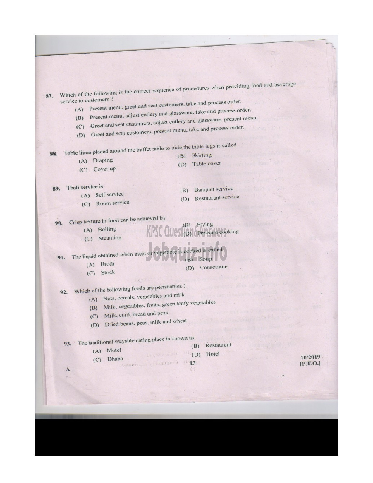 Kerala PSC Question Paper - JUNIOR INSTRUCTOR FOOD BEVERAGES INDUSTRIAL TRAINING-12