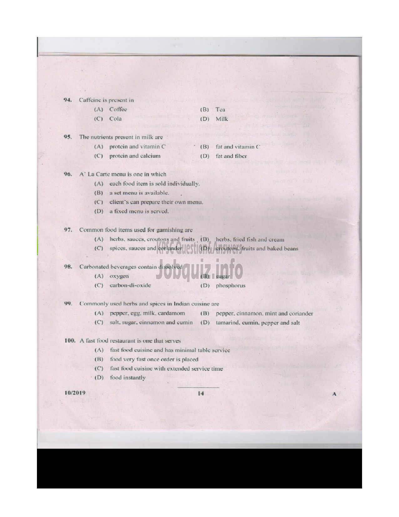 Kerala PSC Question Paper - JUNIOR INSTRUCTOR FOOD BEVERAGES INDUSTRIAL TRAINING-13