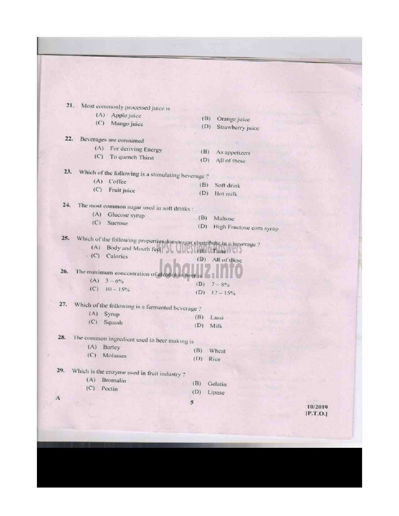 Kerala PSC Question Paper - JUNIOR INSTRUCTOR FOOD BEVERAGES INDUSTRIAL TRAINING-4