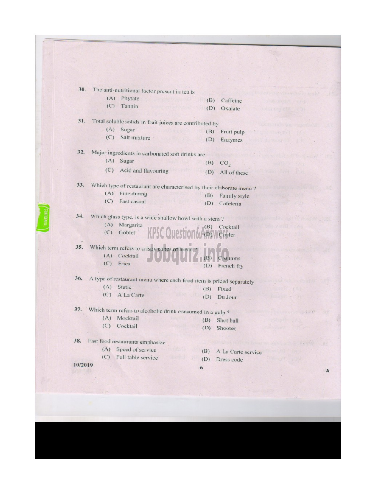 Kerala PSC Question Paper - JUNIOR INSTRUCTOR FOOD BEVERAGES INDUSTRIAL TRAINING-5