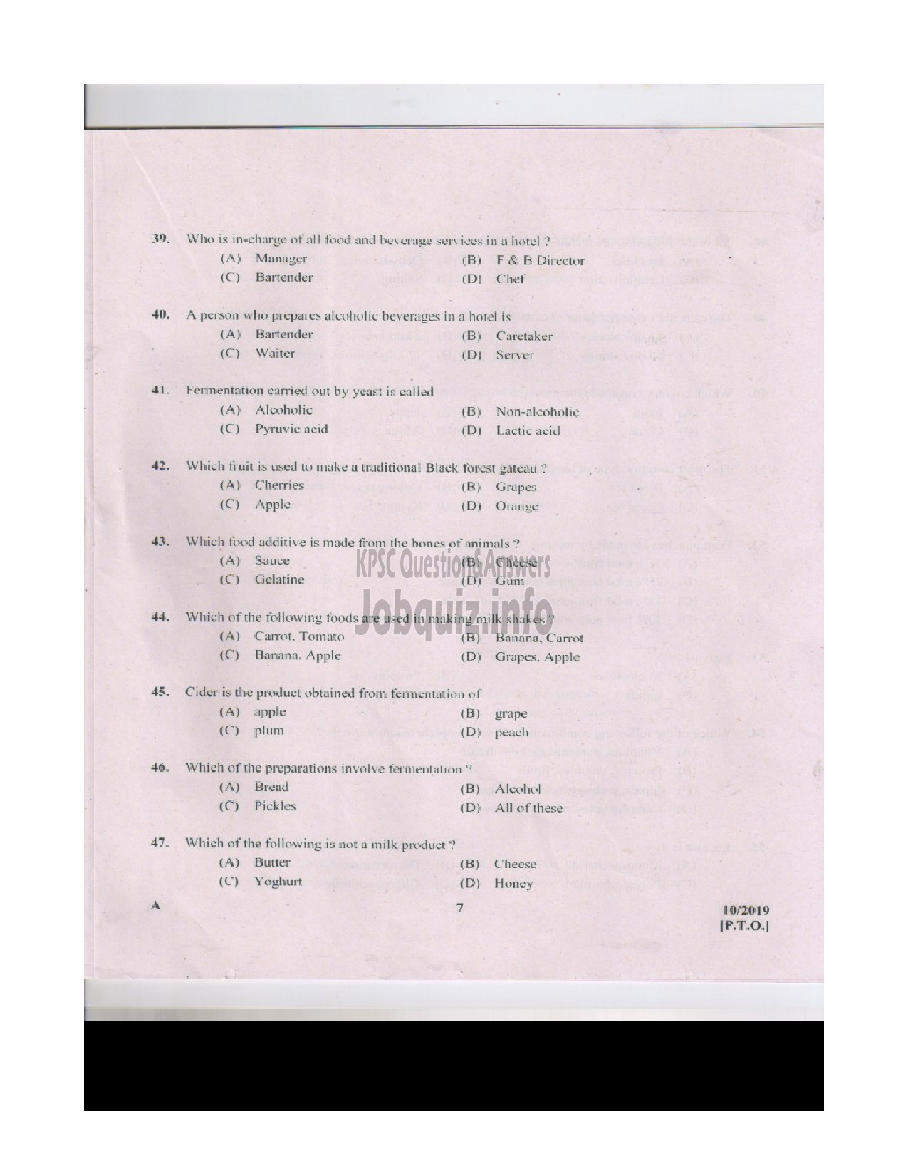 Kerala PSC Question Paper - JUNIOR INSTRUCTOR FOOD BEVERAGES INDUSTRIAL TRAINING-6