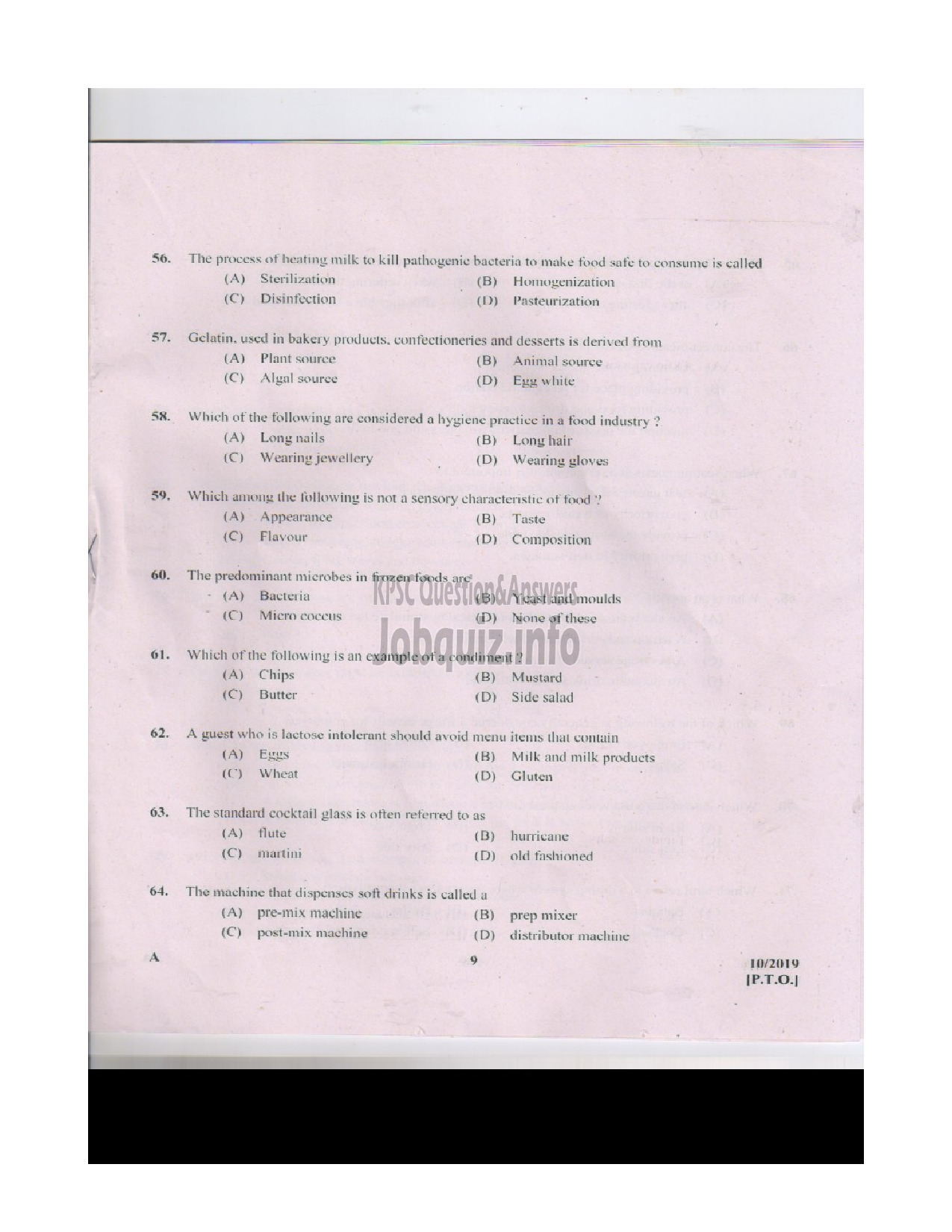 Kerala PSC Question Paper - JUNIOR INSTRUCTOR FOOD BEVERAGES INDUSTRIAL TRAINING-8