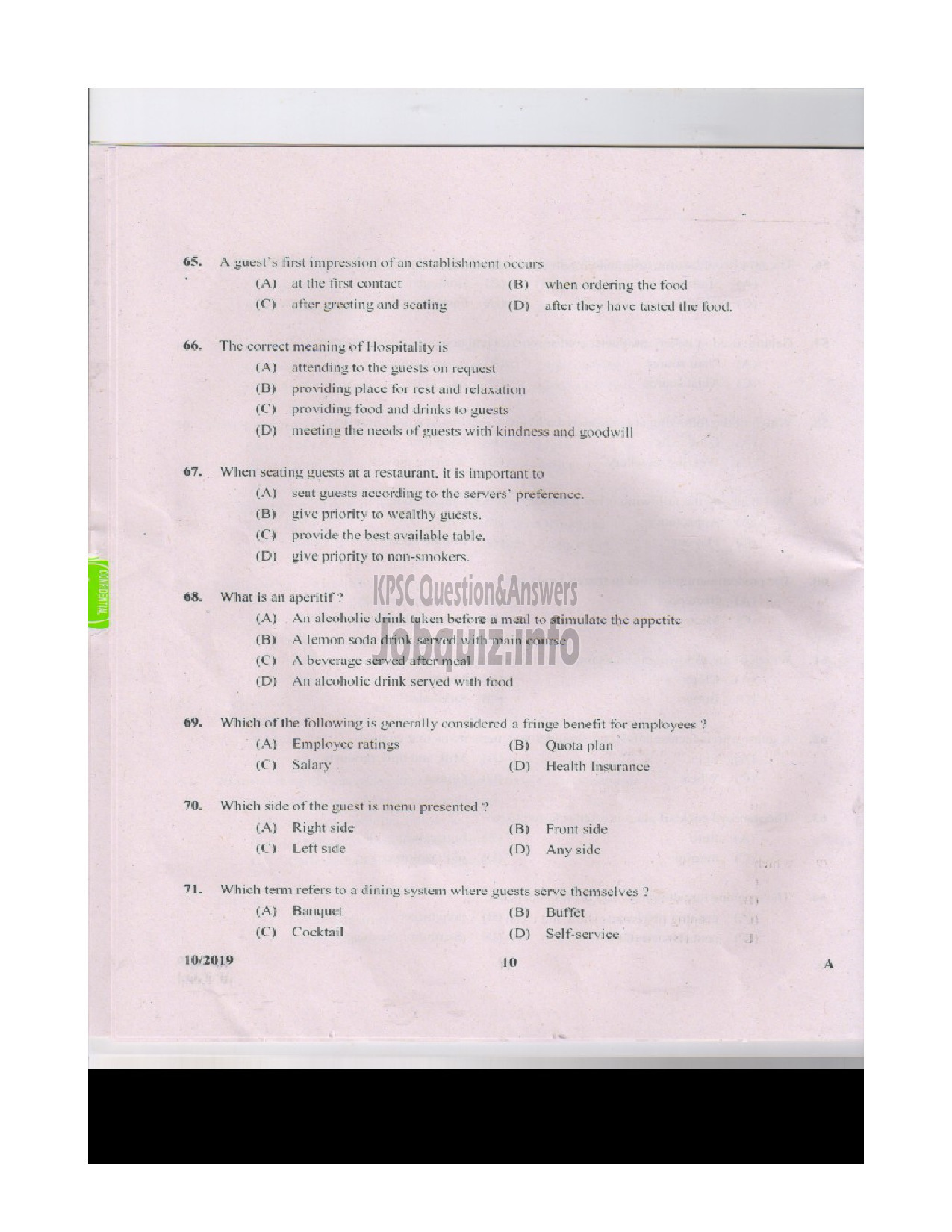 Kerala PSC Question Paper - JUNIOR INSTRUCTOR FOOD BEVERAGES INDUSTRIAL TRAINING-9