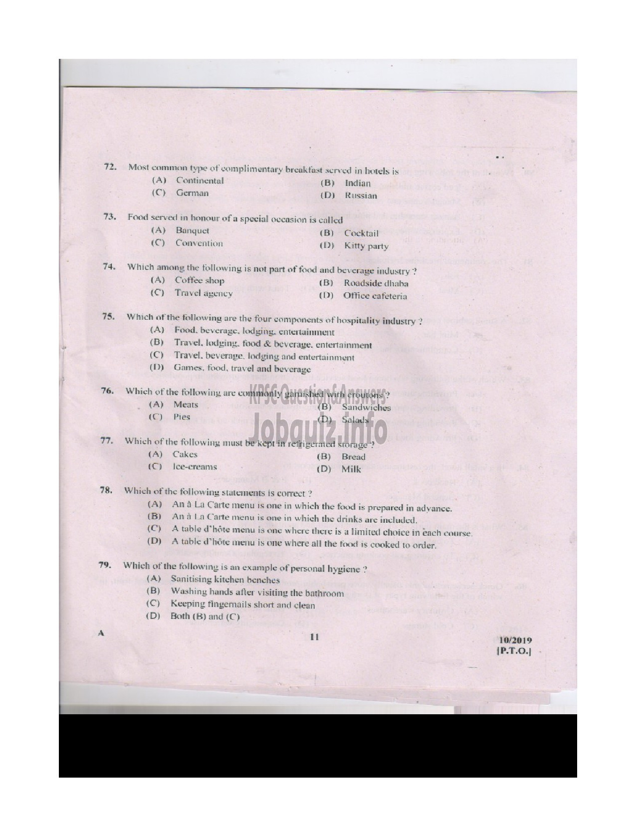 Kerala PSC Question Paper - JUNIOR INSTRUCTOR FOOD BEVERAGES INDUSTRIAL TRAINING-10